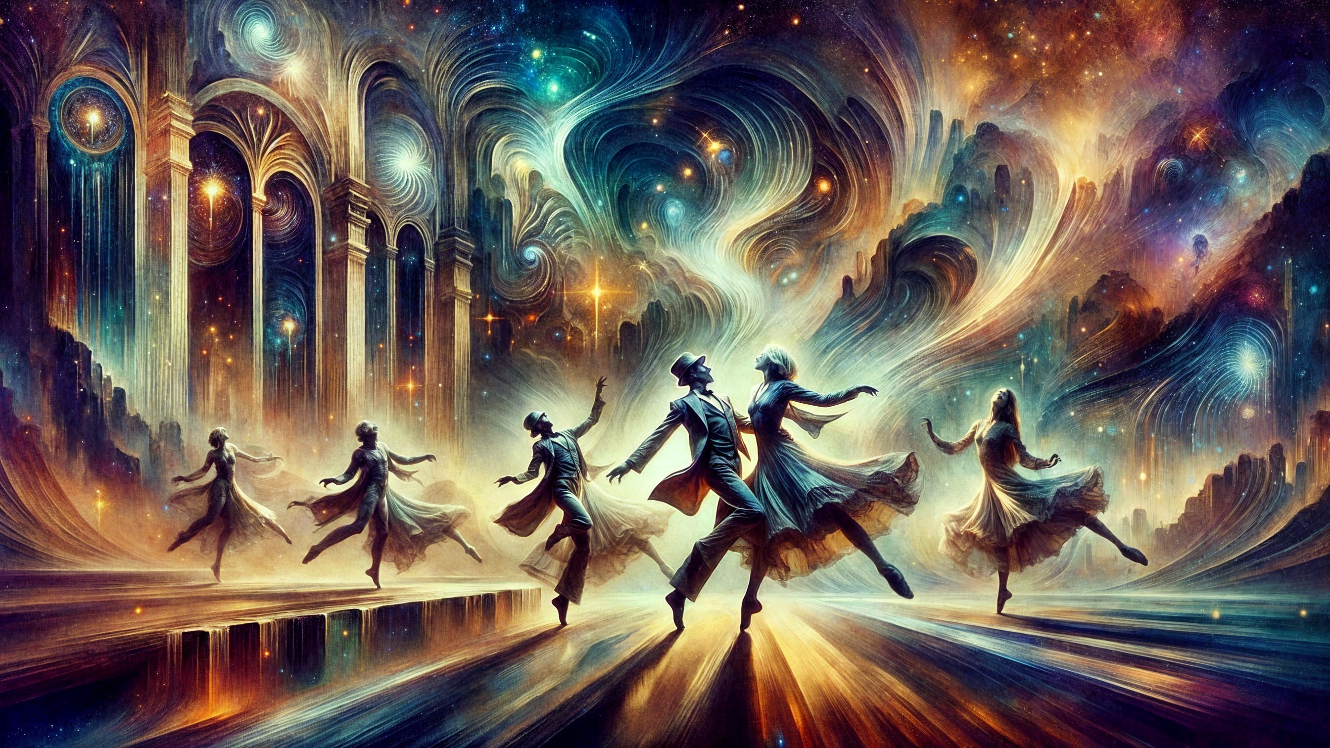 Surreal Cosmic Scene with Dancers and Galaxies