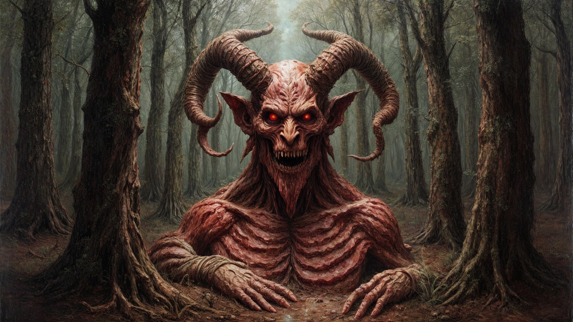 Monstrous Creature in a Haunting Forest Setting