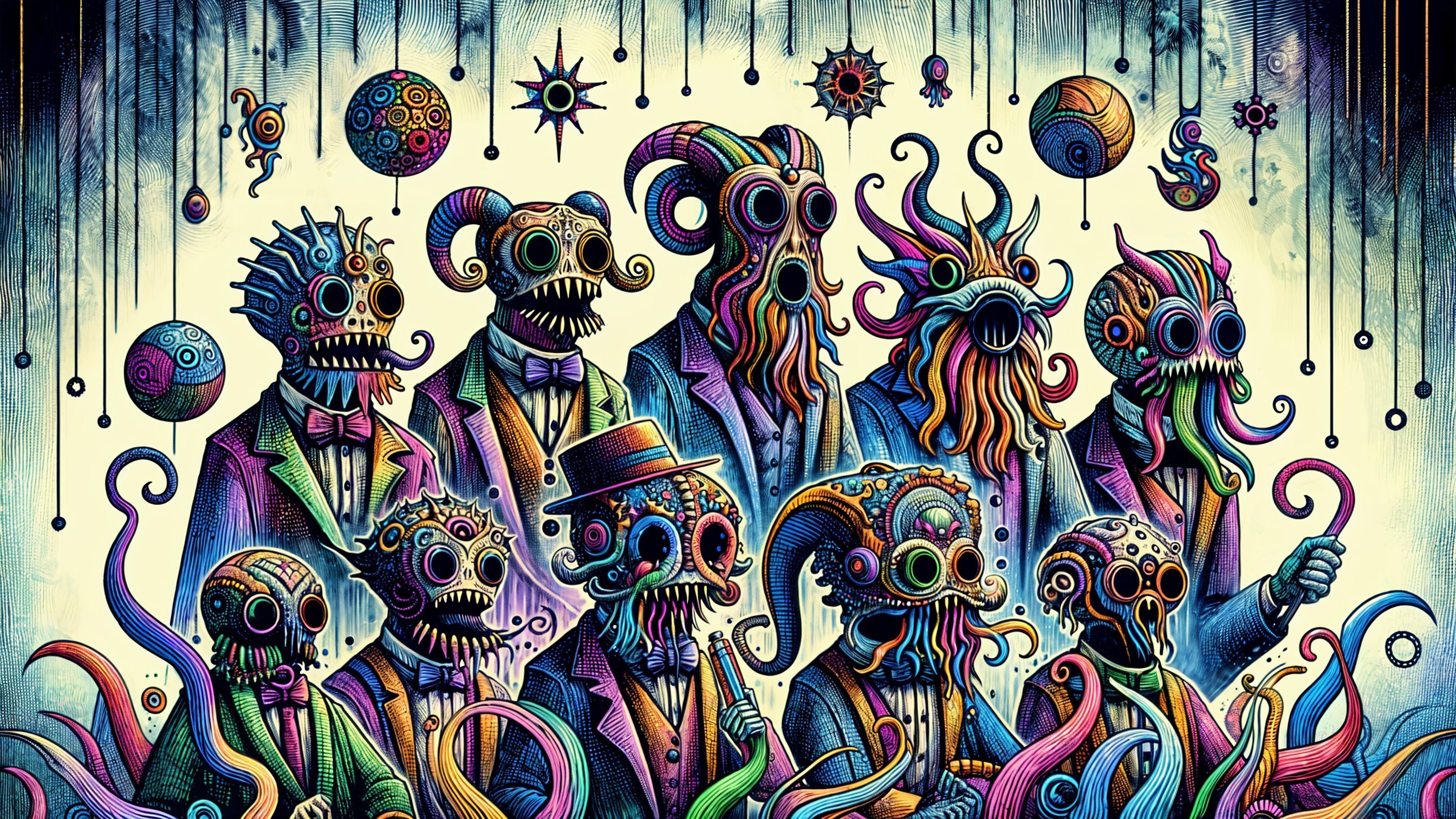 Surreal Illustration of Skeletons in Sea Creature Masks