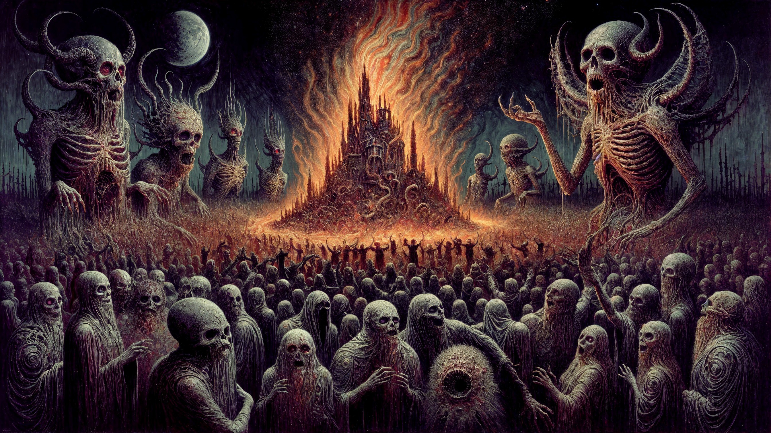 Skeletal Figures Gather Near Fiery Castle Structure