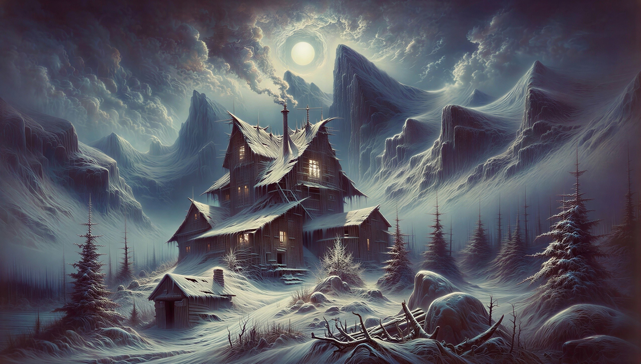 Snowy cabin scene under a full moon and mountains