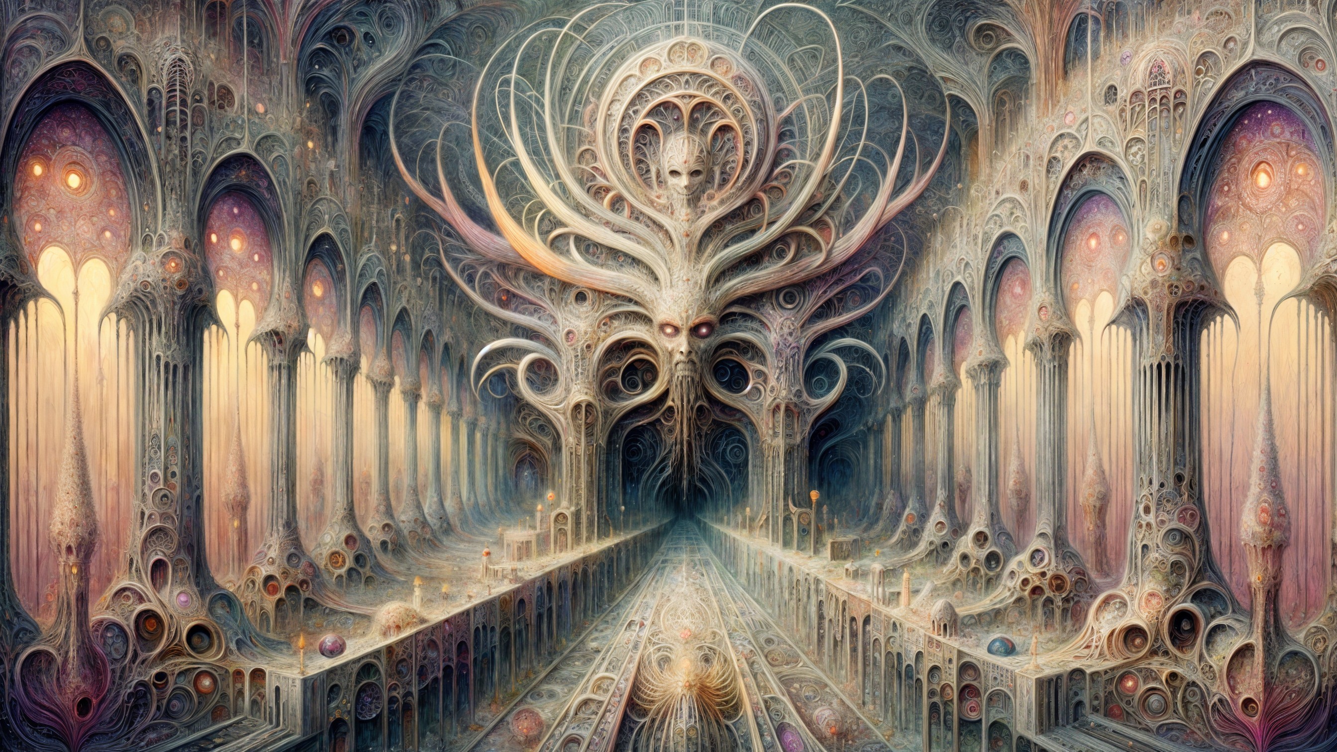 Surreal Ethereal Hallway with Intricate Arches and Orbs