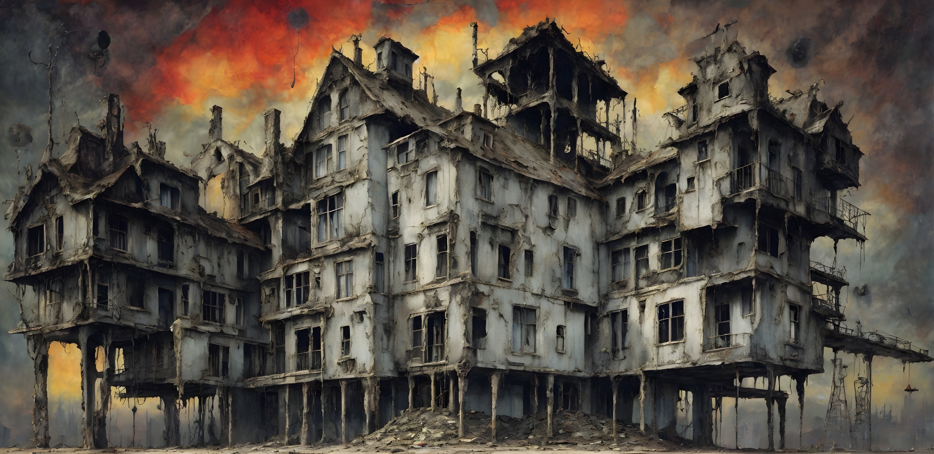 Eerie Dilapidated Mansion in Desolate Landscape