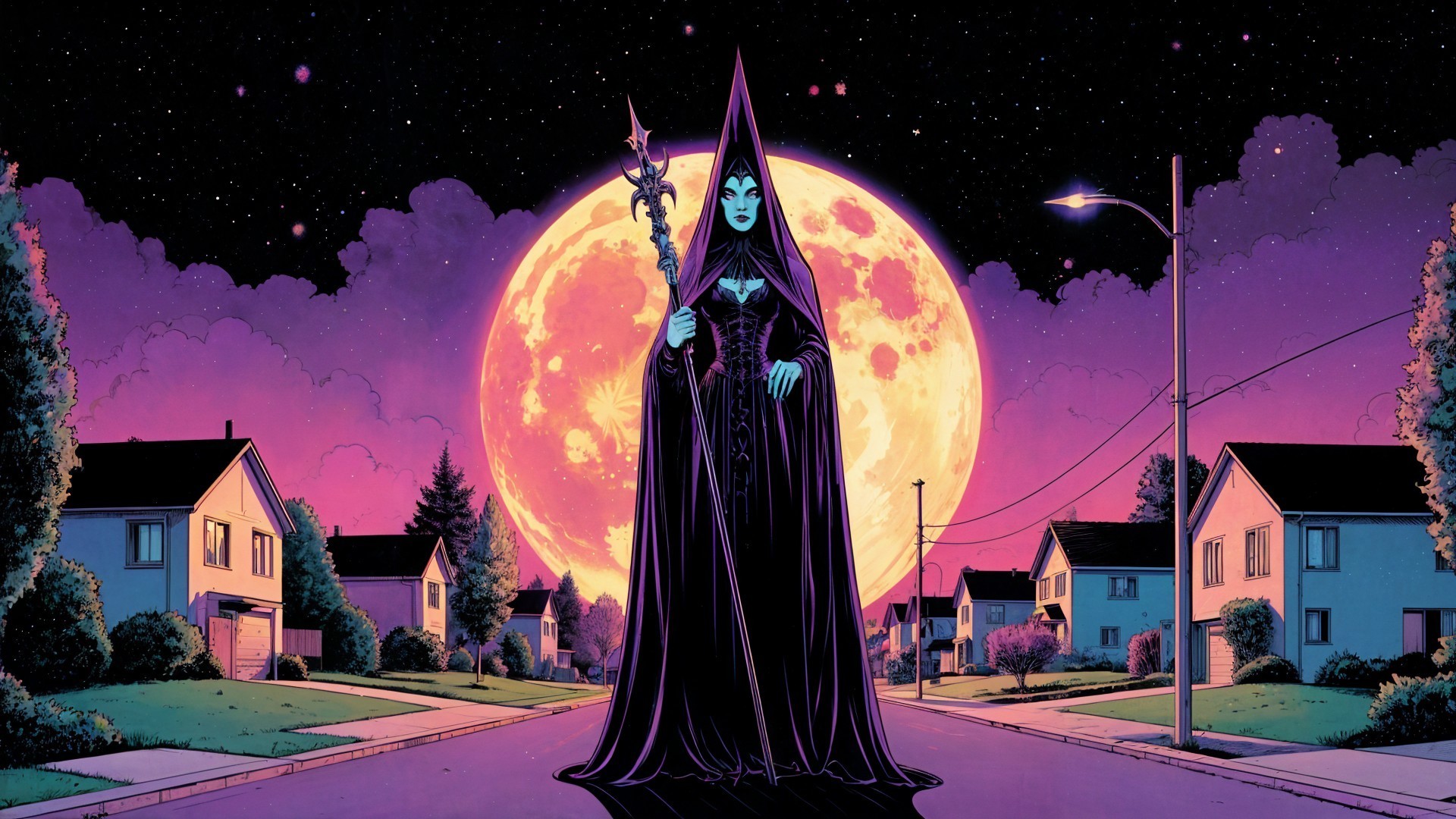 Mystical Figure with Staff Under Glowing Moonlight