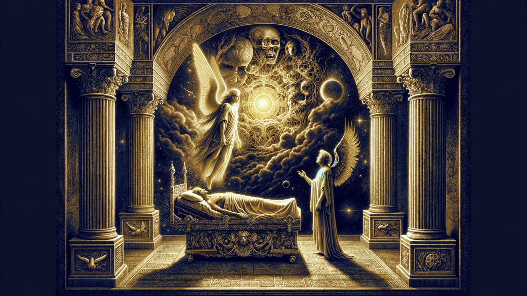 Surreal Scene with Figure, Angel, and Cosmic Imagery