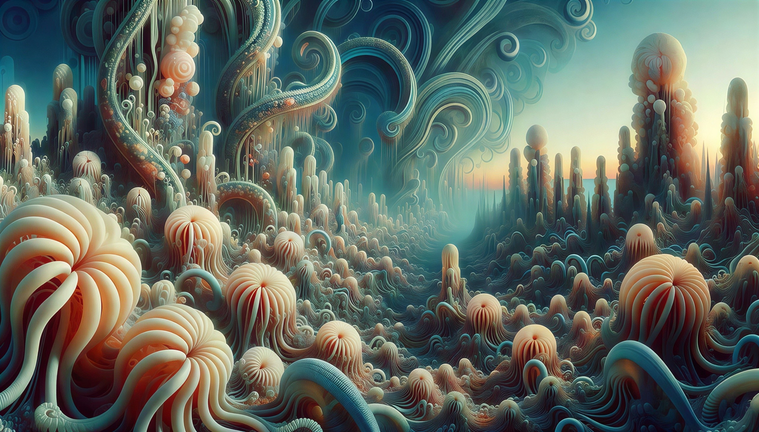 Surreal Underwater Landscape with Iridescent Fungi