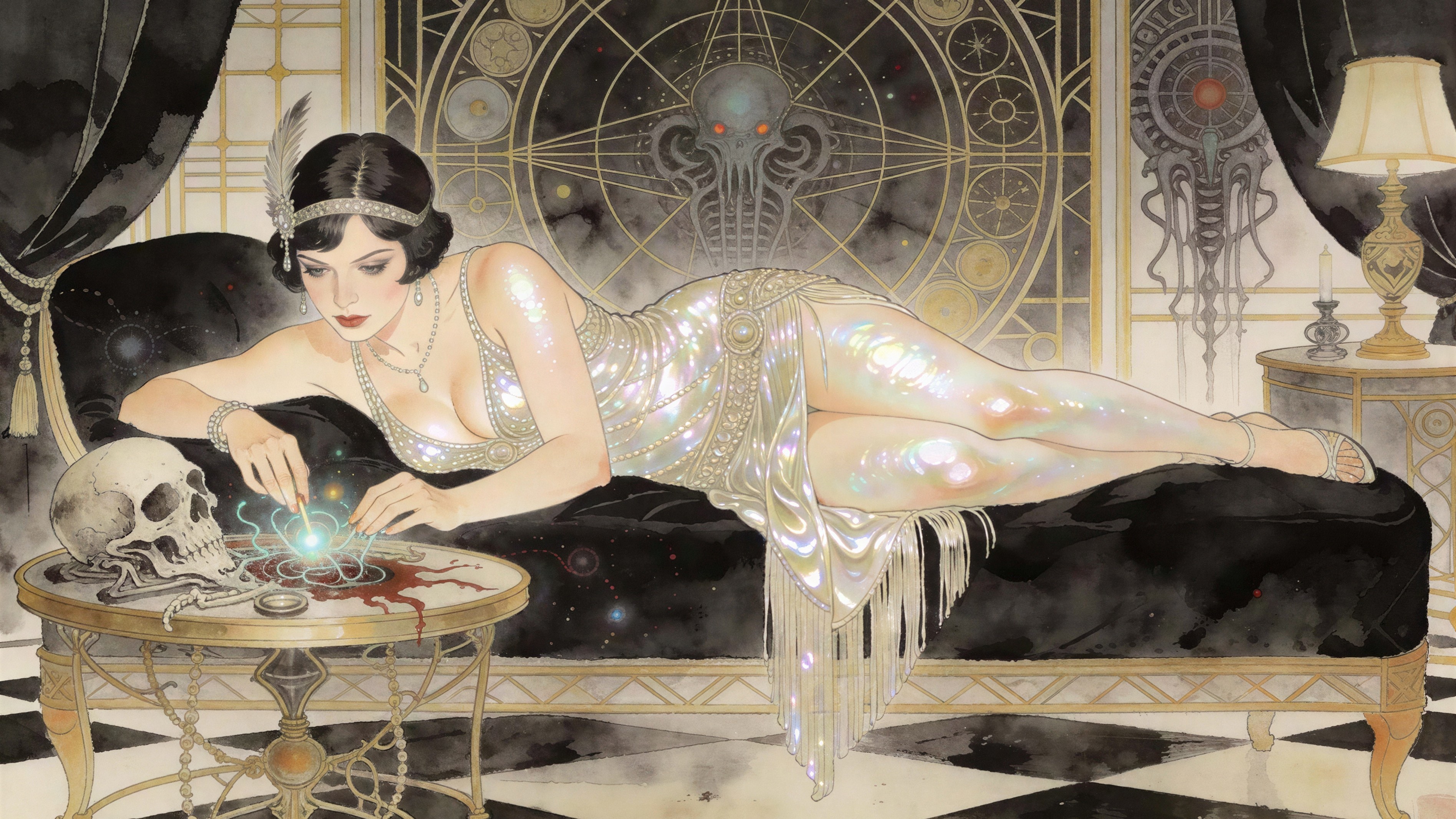 Flapper Witch with Arcane Orb on Chaise Lounge