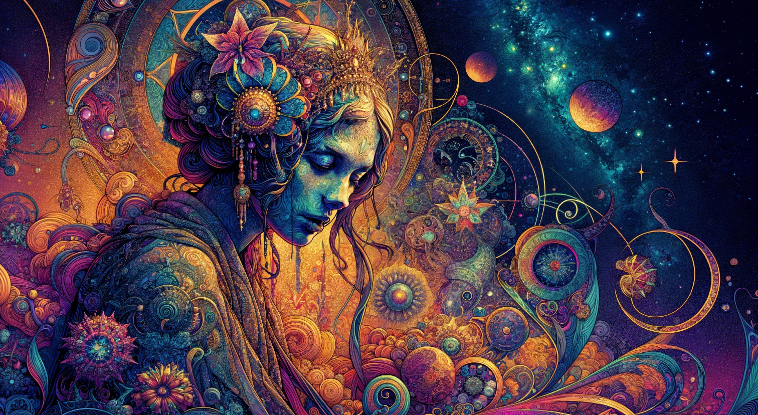 Mystical Figure Surrounded by Flowers and Cosmos