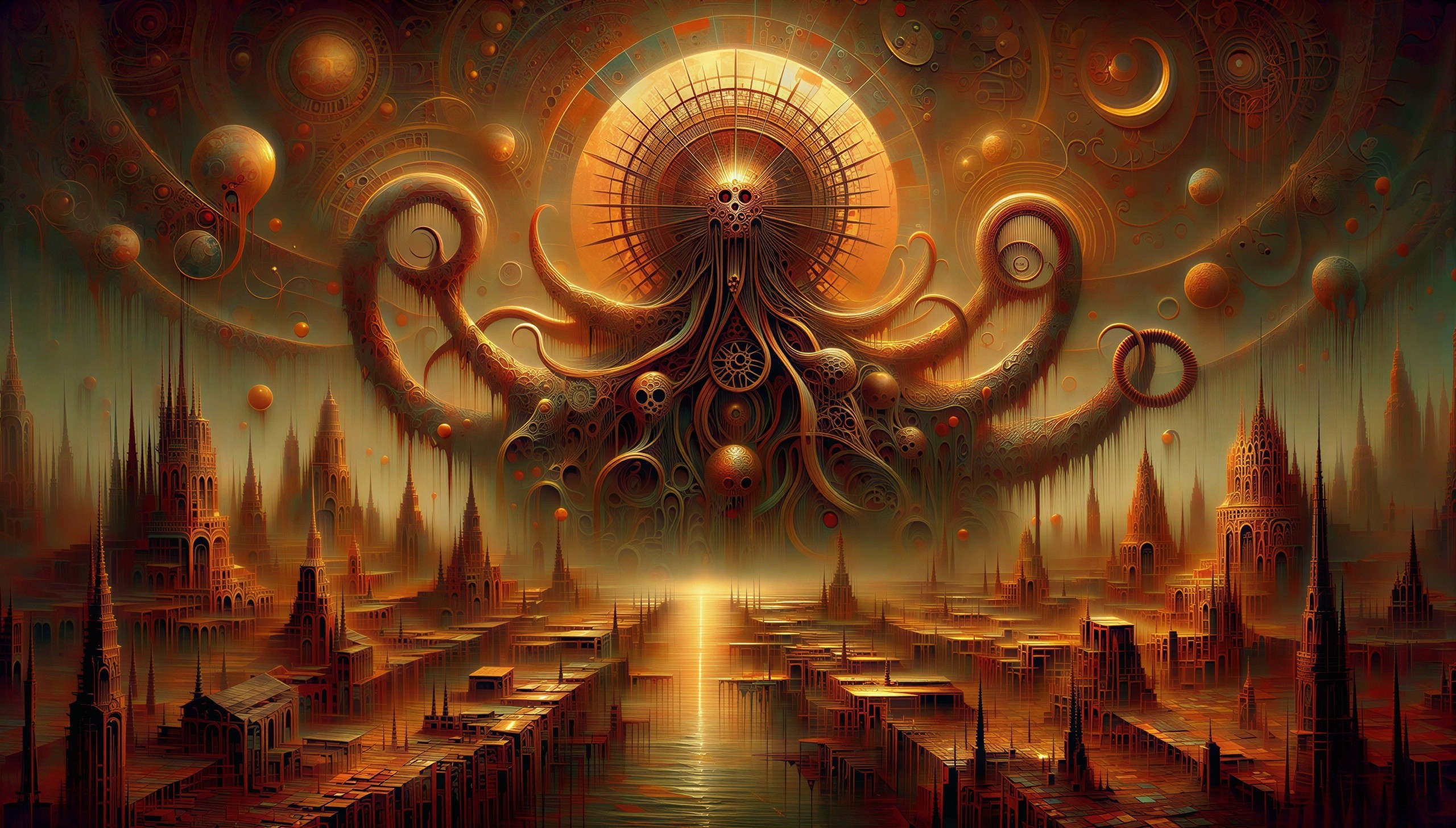 Surreal Alien Landscape with Monstrous Entity and City