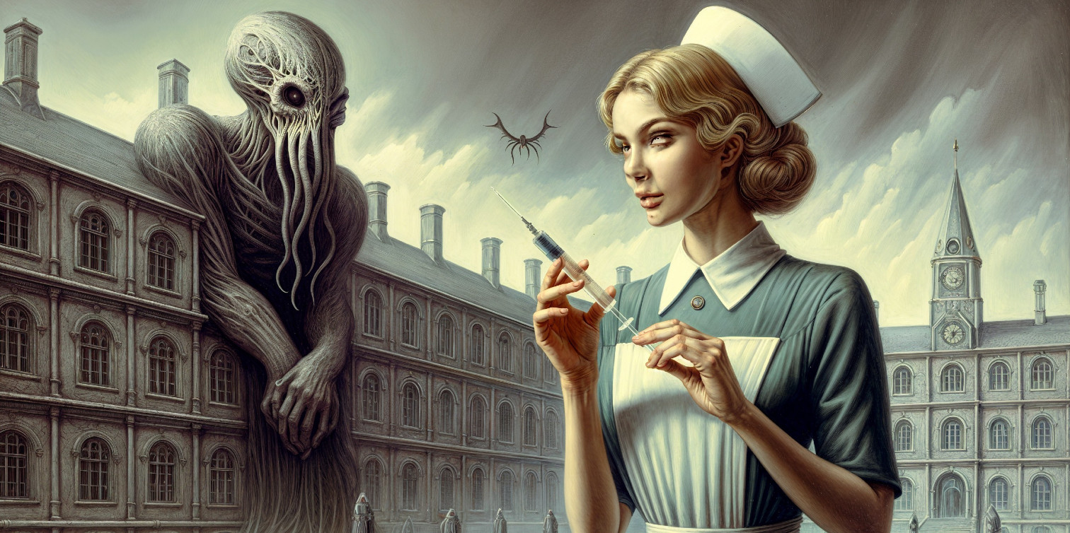 Surreal Gothic Scene with Nurse and Tentacled Creature