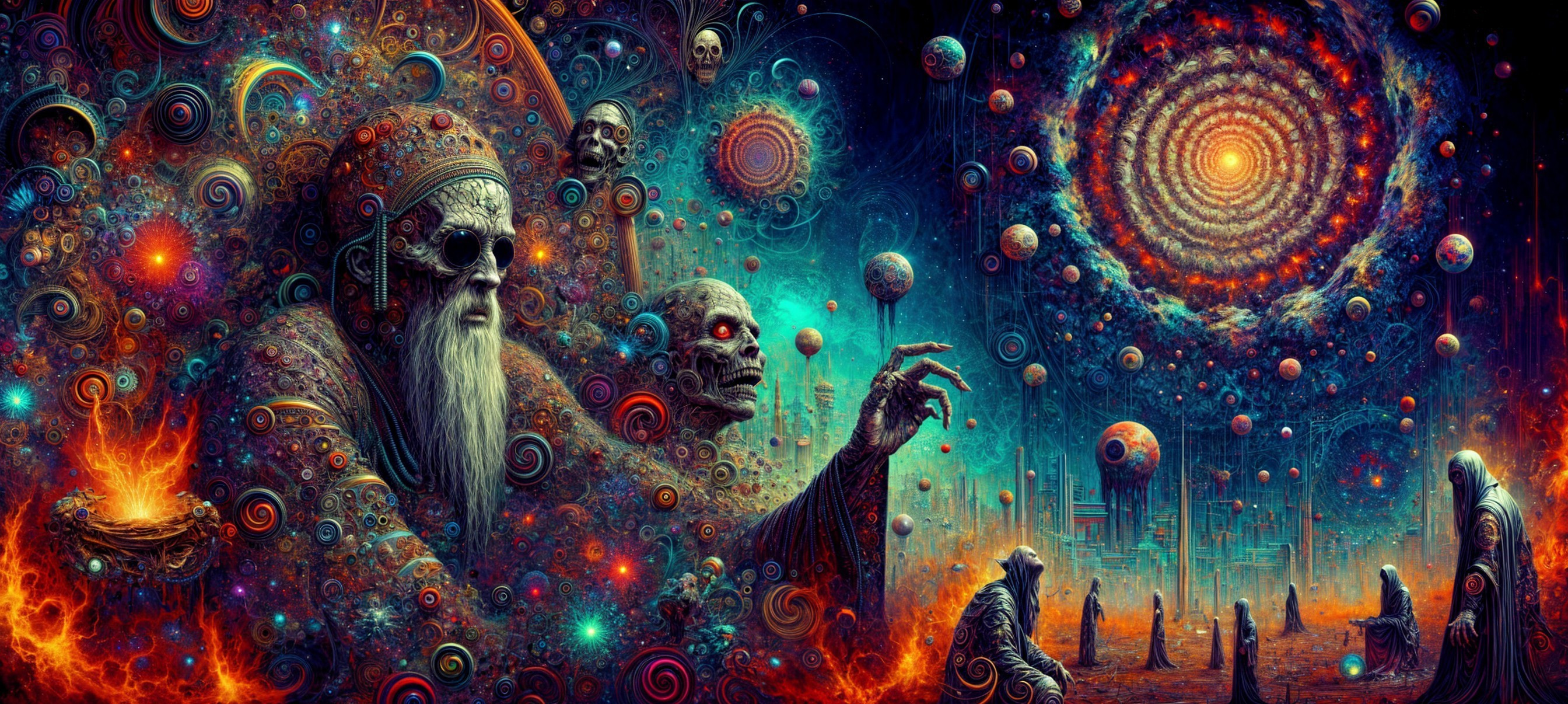 Cosmic Scene with Ancient Figure and Ethereal Beings
