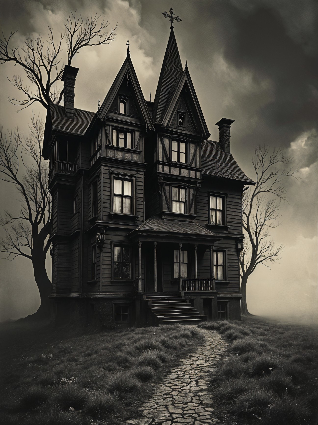 Victorian Mansion Surrounded by Stormy Skies and Shadows