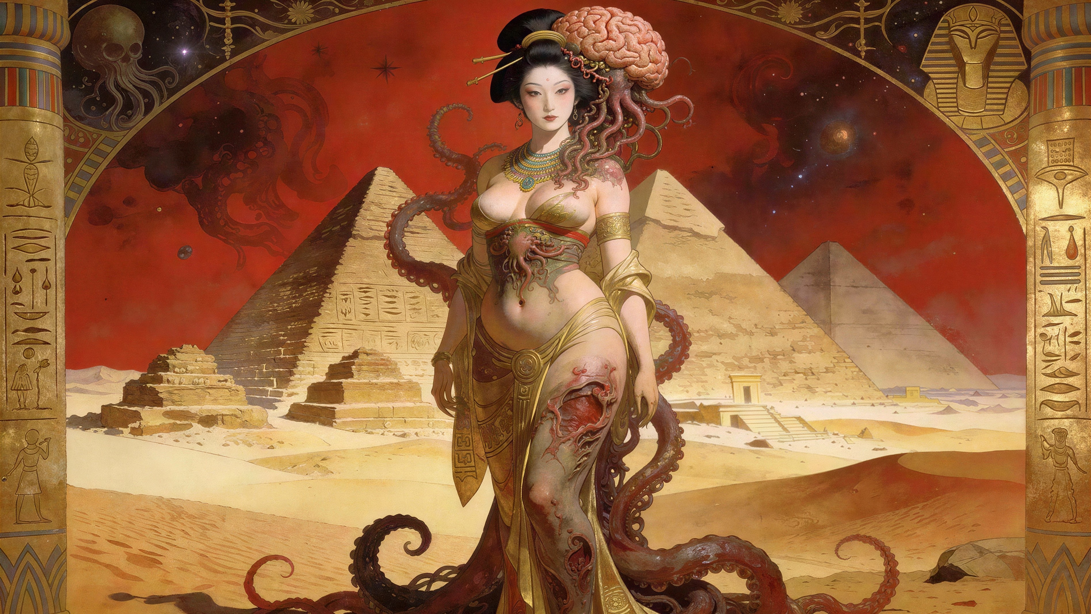 Surreal Dark Fantasy Painting of Geisha Woman in Desert