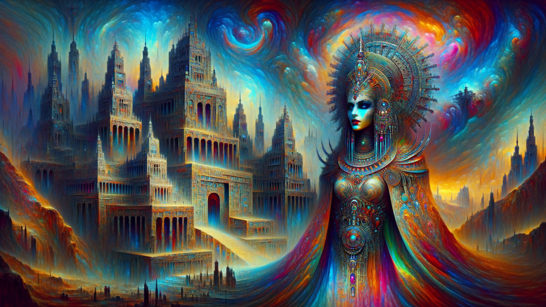 Surreal Landscape with Ornate Figure and Cityscape