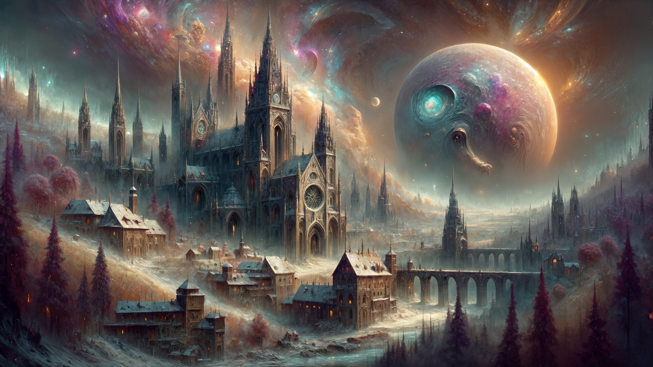 Gothic Cathedral in a Snowy Fantasy Landscape