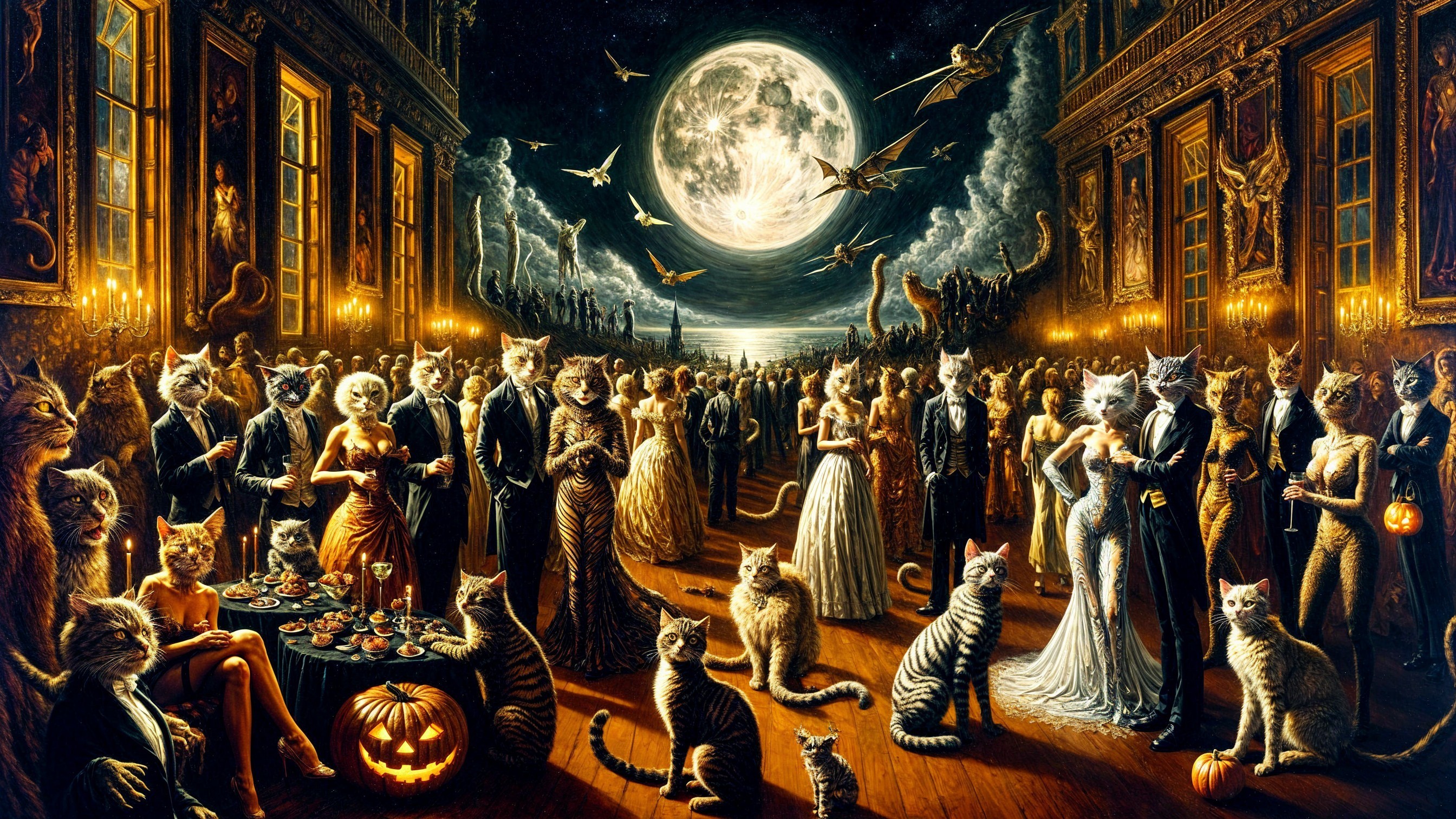 Ballroom Gathering of Cat-Headed Guests Under Moonlight