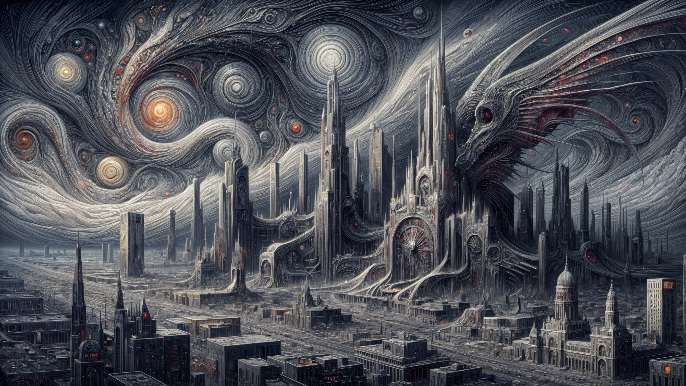 Surreal Cityscape with Cosmic Elements and Dragons