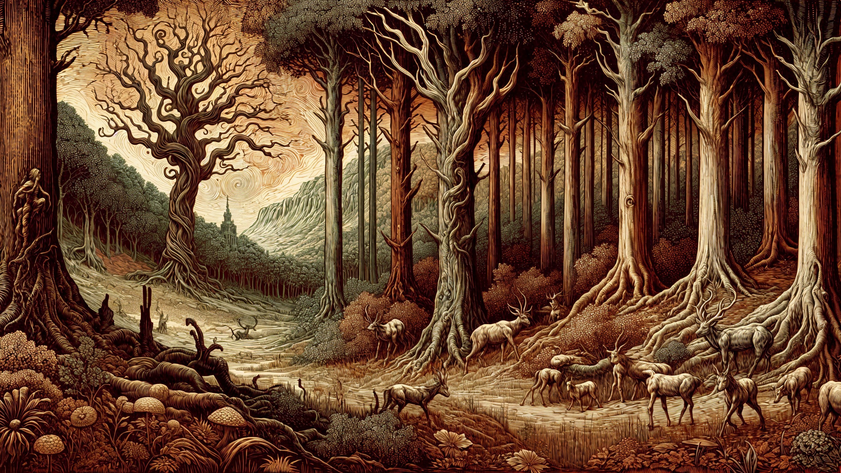 Mystical Forest Scene with Trees and Wildlife