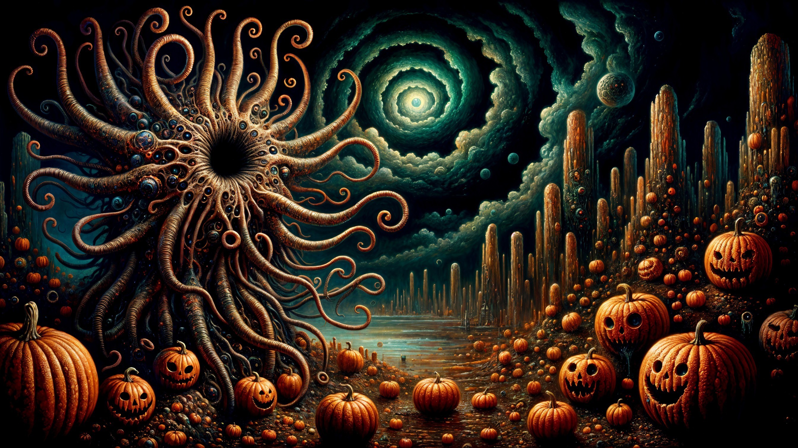 Surreal Landscape with Tentacled Creature and Pumpkins