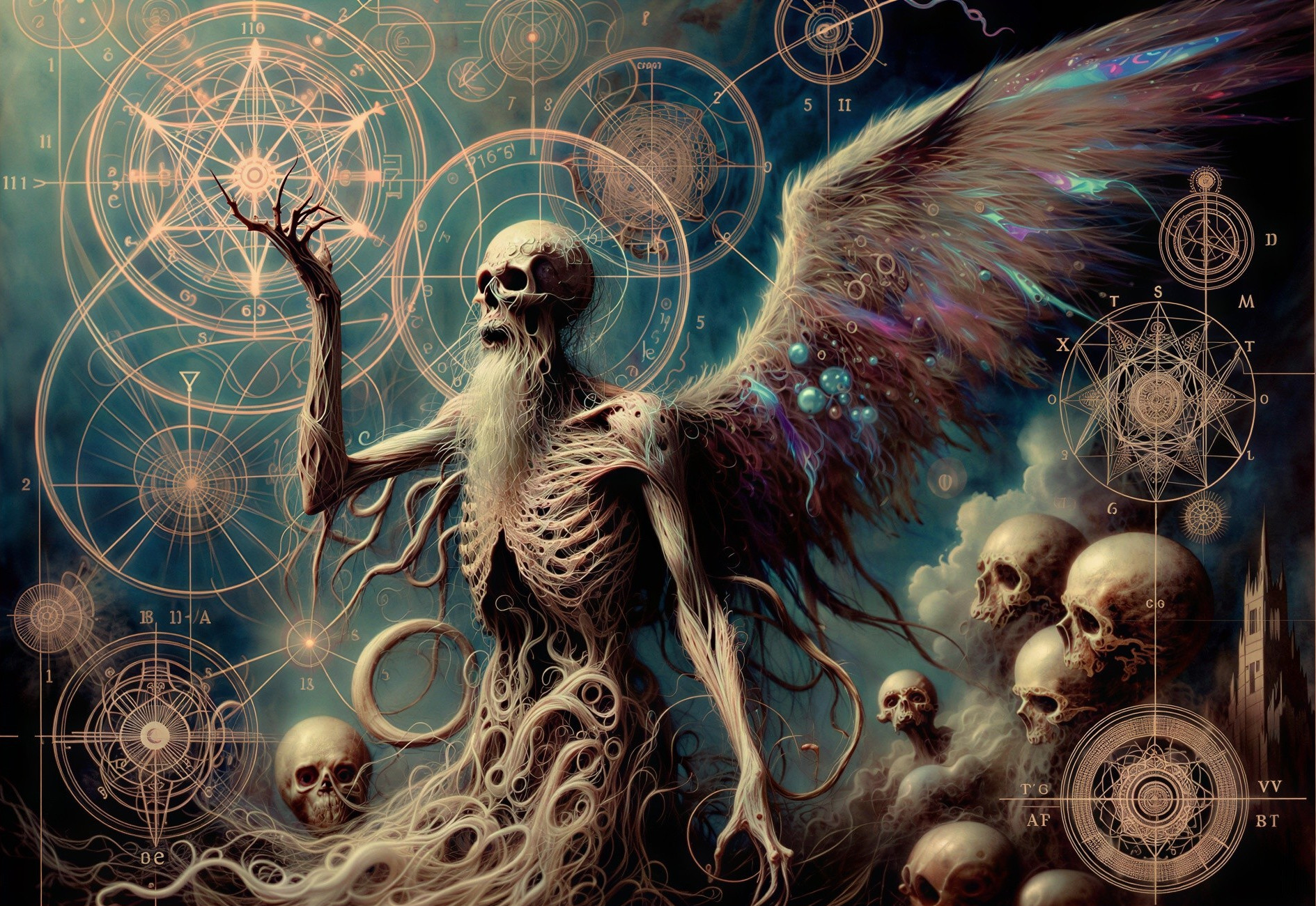 Skeleton Figure with Wings and Astrological Symbols