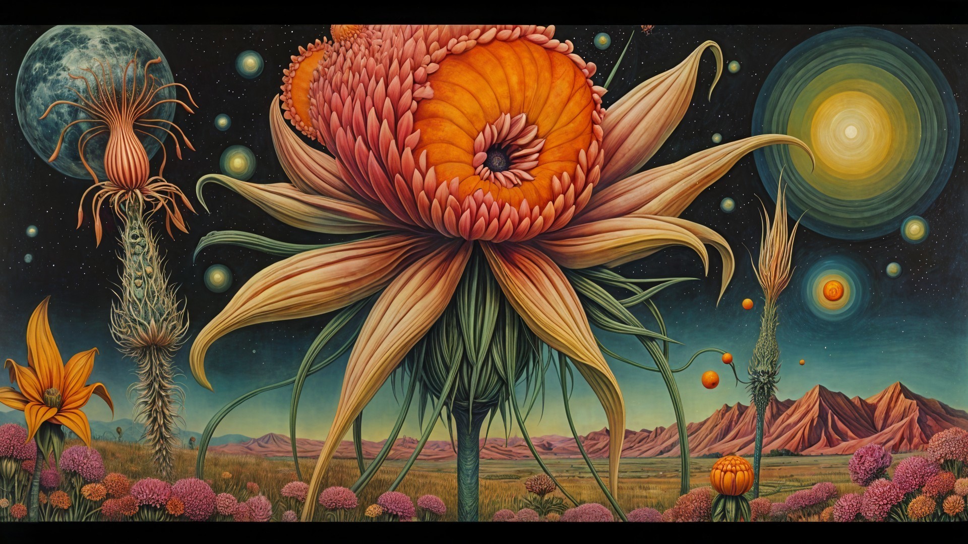 Surreal Landscape with Vivid Flower and Starry Sky