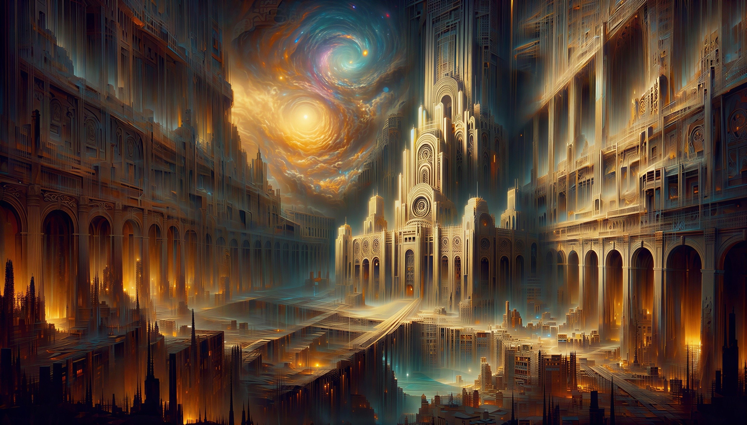 Art Nouveau Cityscape with Galaxy Background
