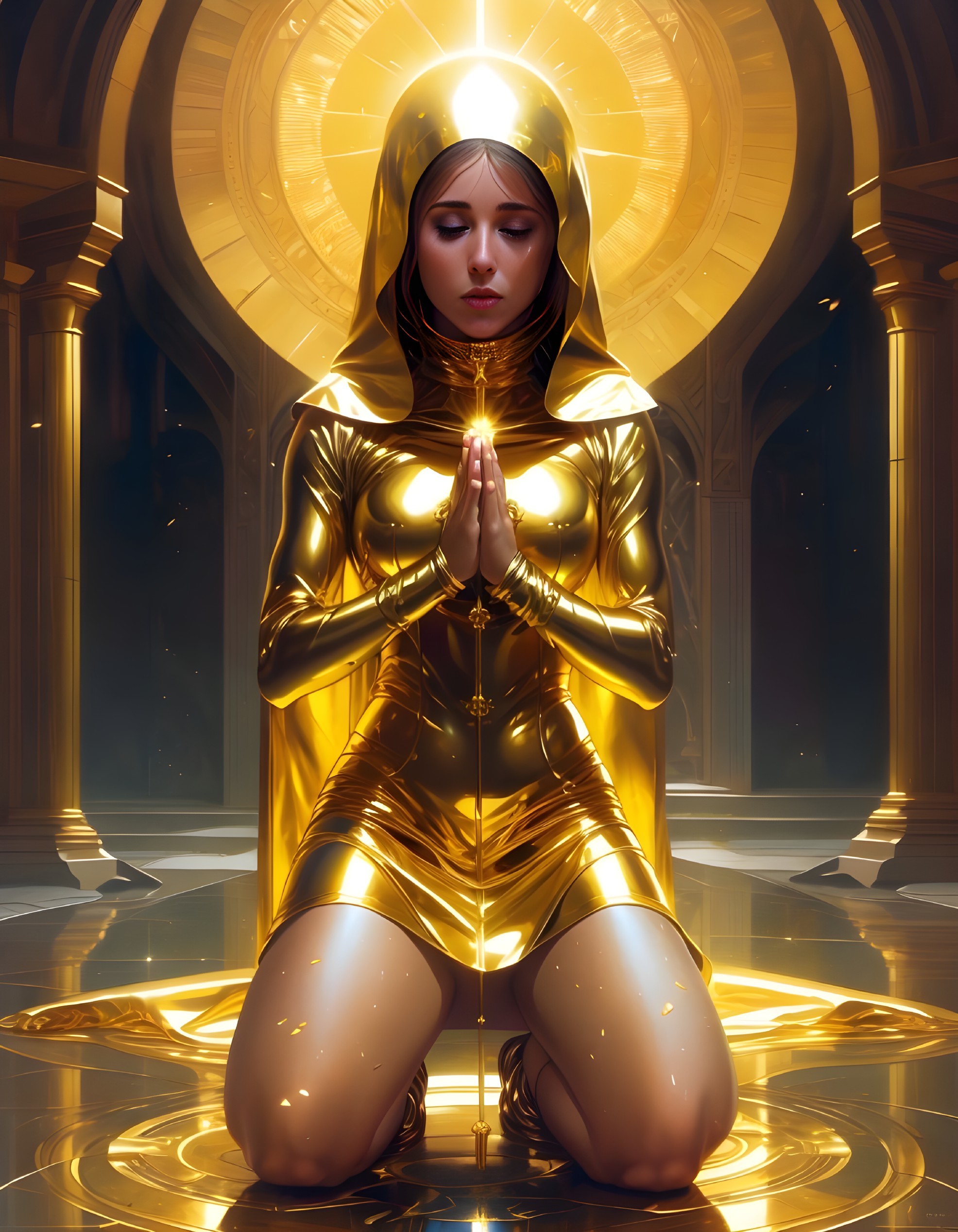Kneeling Figure in Golden Setting with Ethereal Light