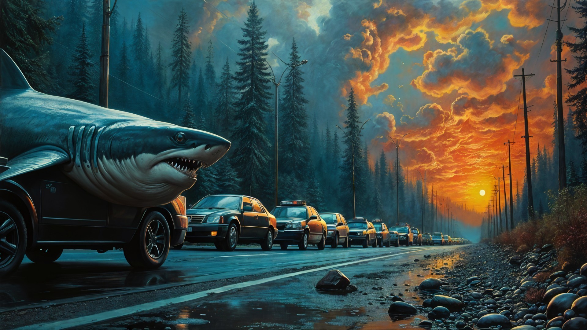 Surreal Scene of Shark in Traffic Jam at Sunset