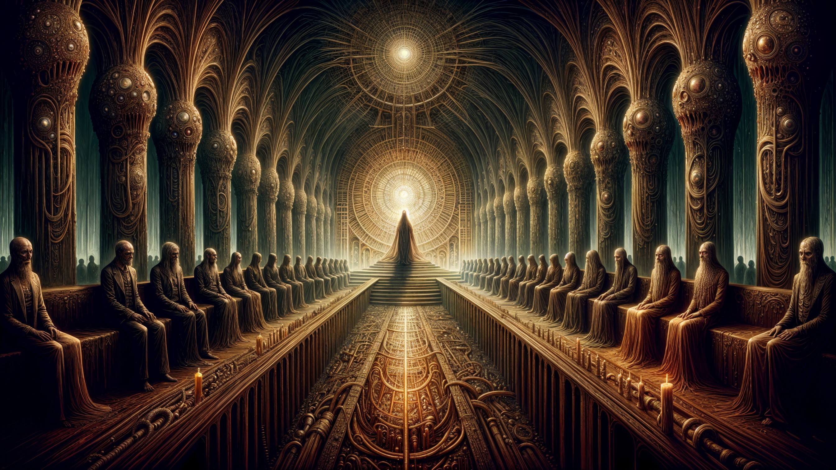 Ornate hall with robed figures and mystical architecture