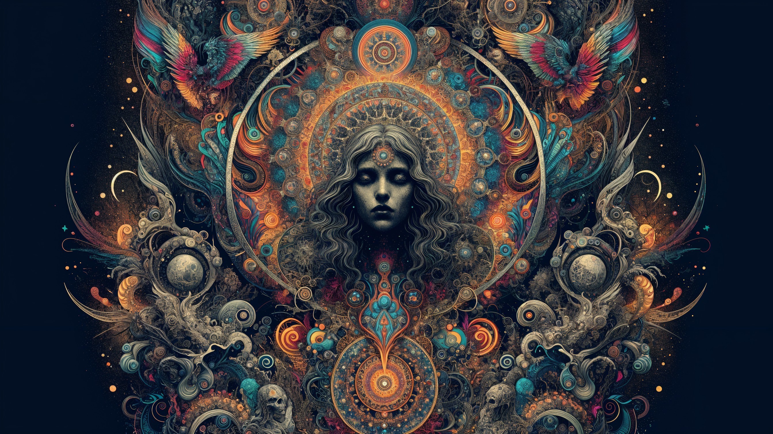 Mystical Figure Surrounded by Vibrant Patterns and Colors