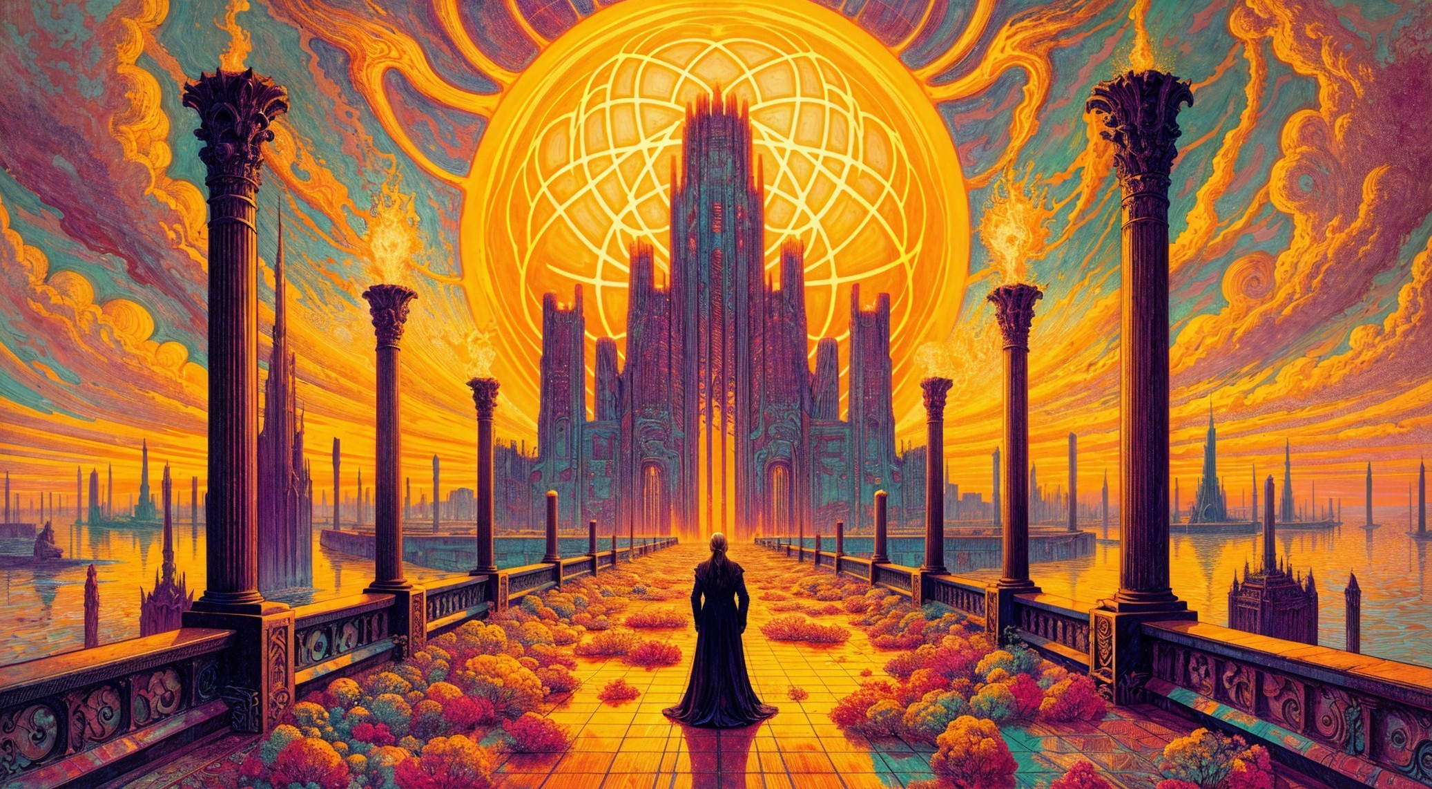 Majestic Cathedral at Sunset with Flower Pathway