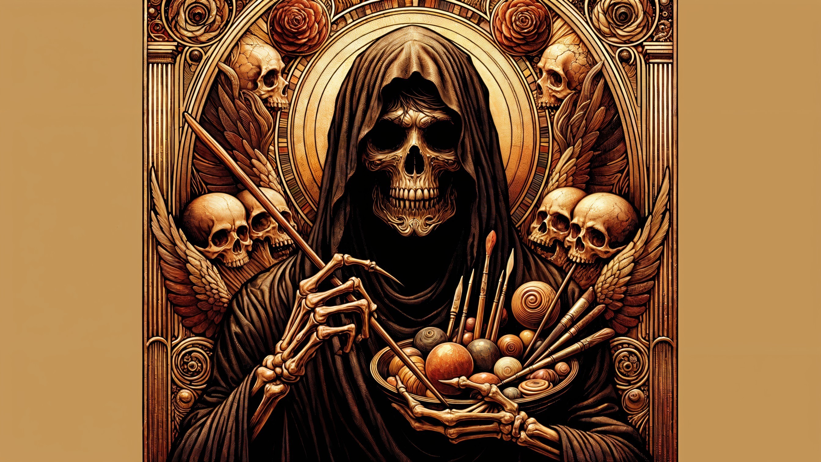 Hooded Figure with Skull Face and Artistic Elements