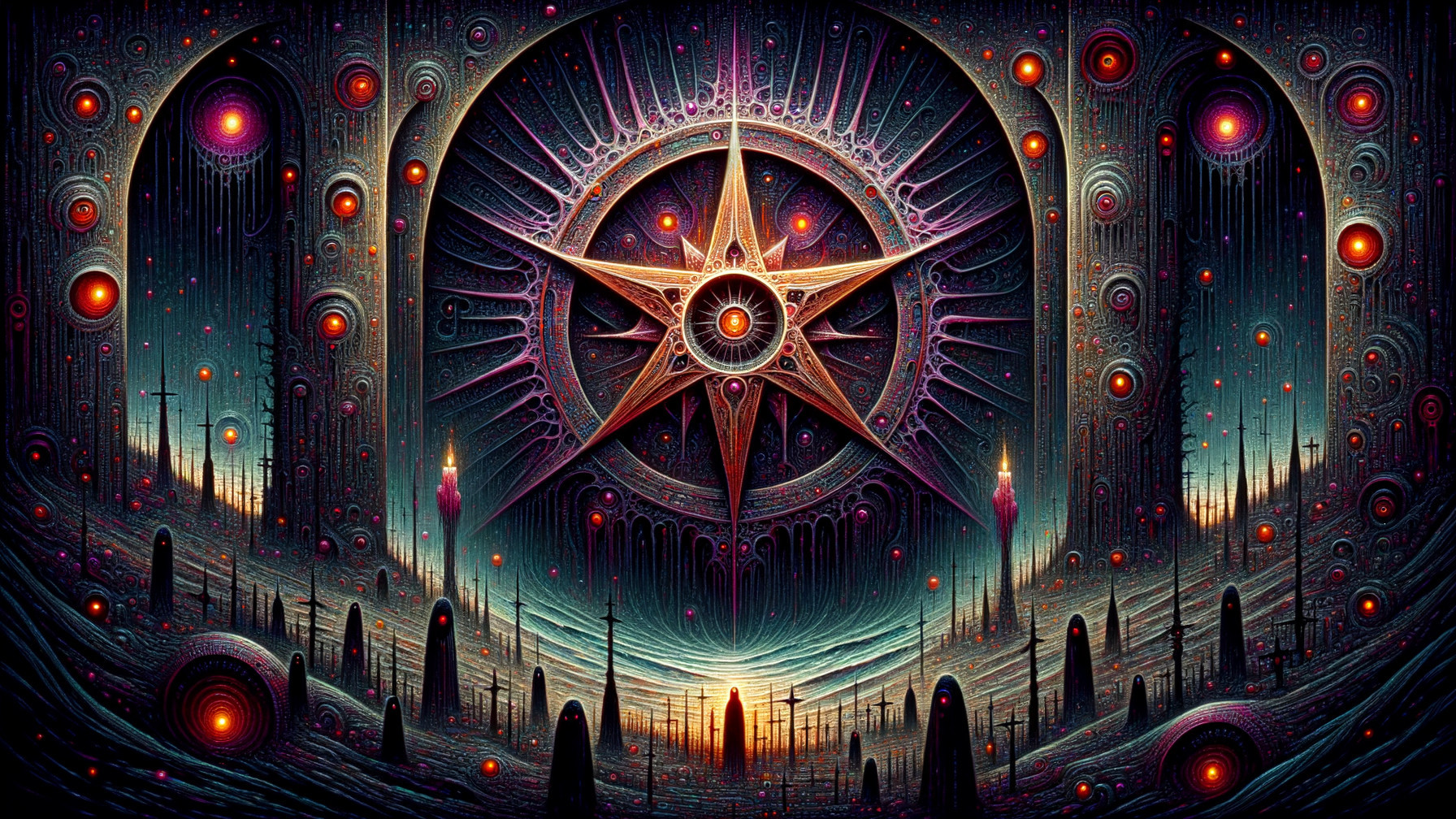 Cosmic Landscape with Ornate Compass Rose and Orbs