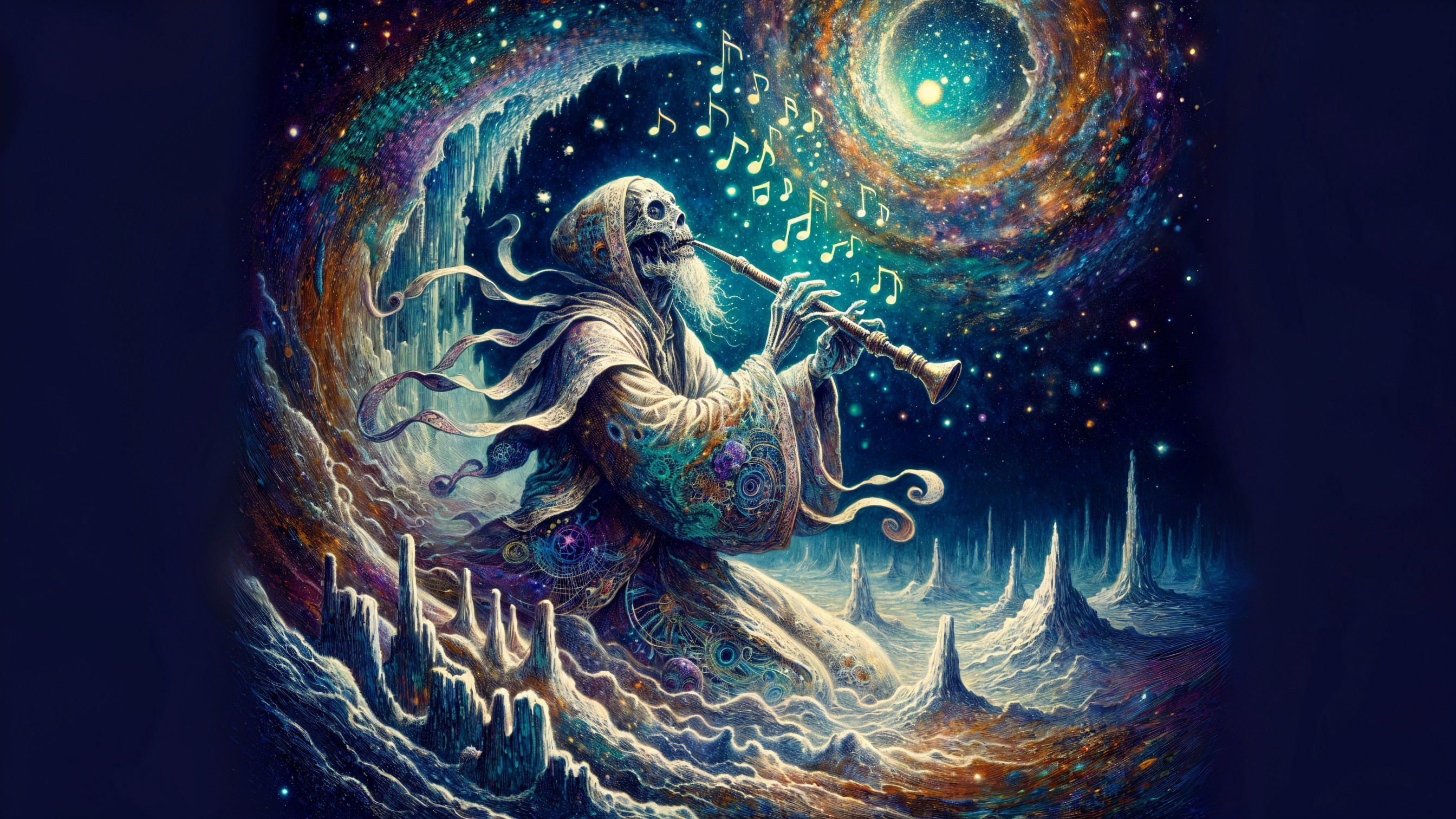Skeletal Figure Playing Flute in Cosmic Landscape