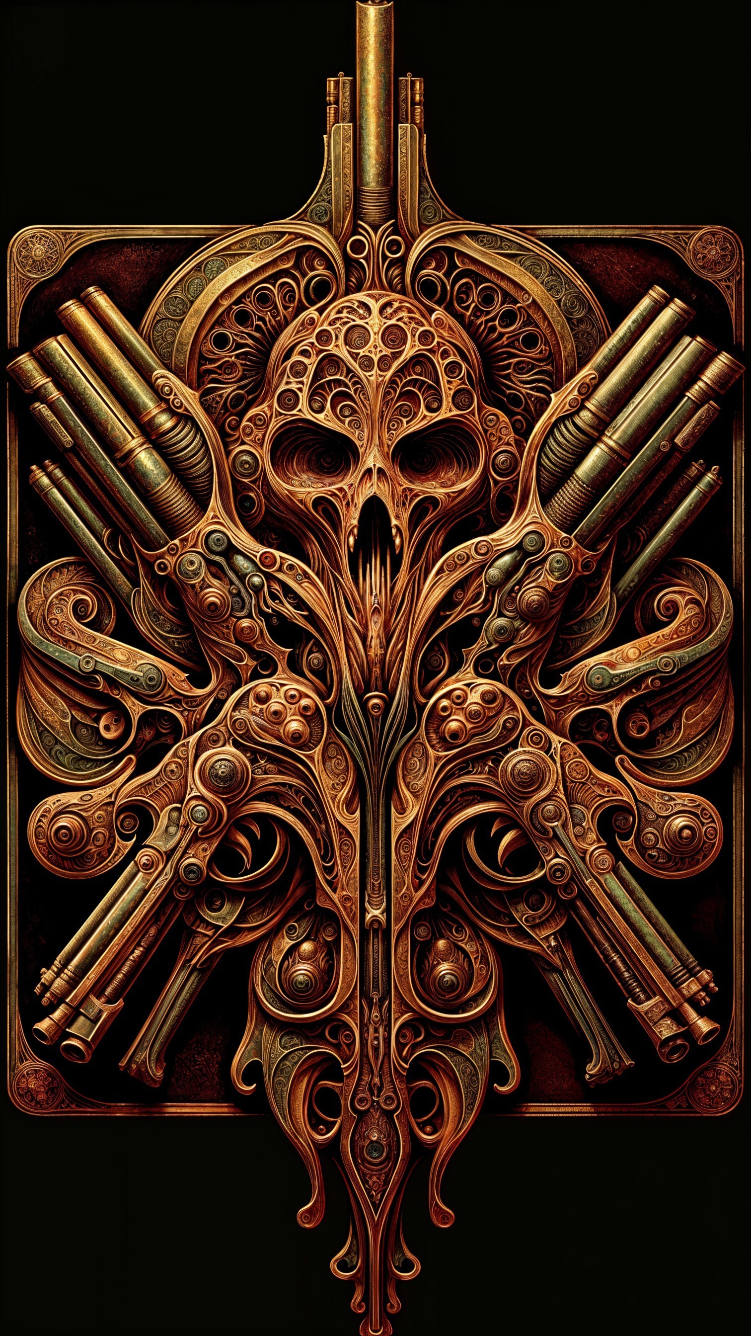 Intricate Gothic and Steampunk Skull Design with Firearms