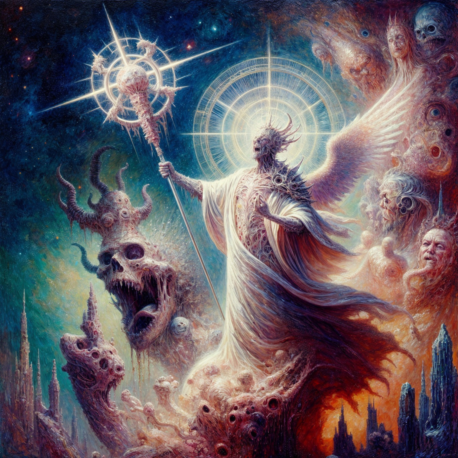 Celestial Figure with Wings in Cosmic Horror Scene