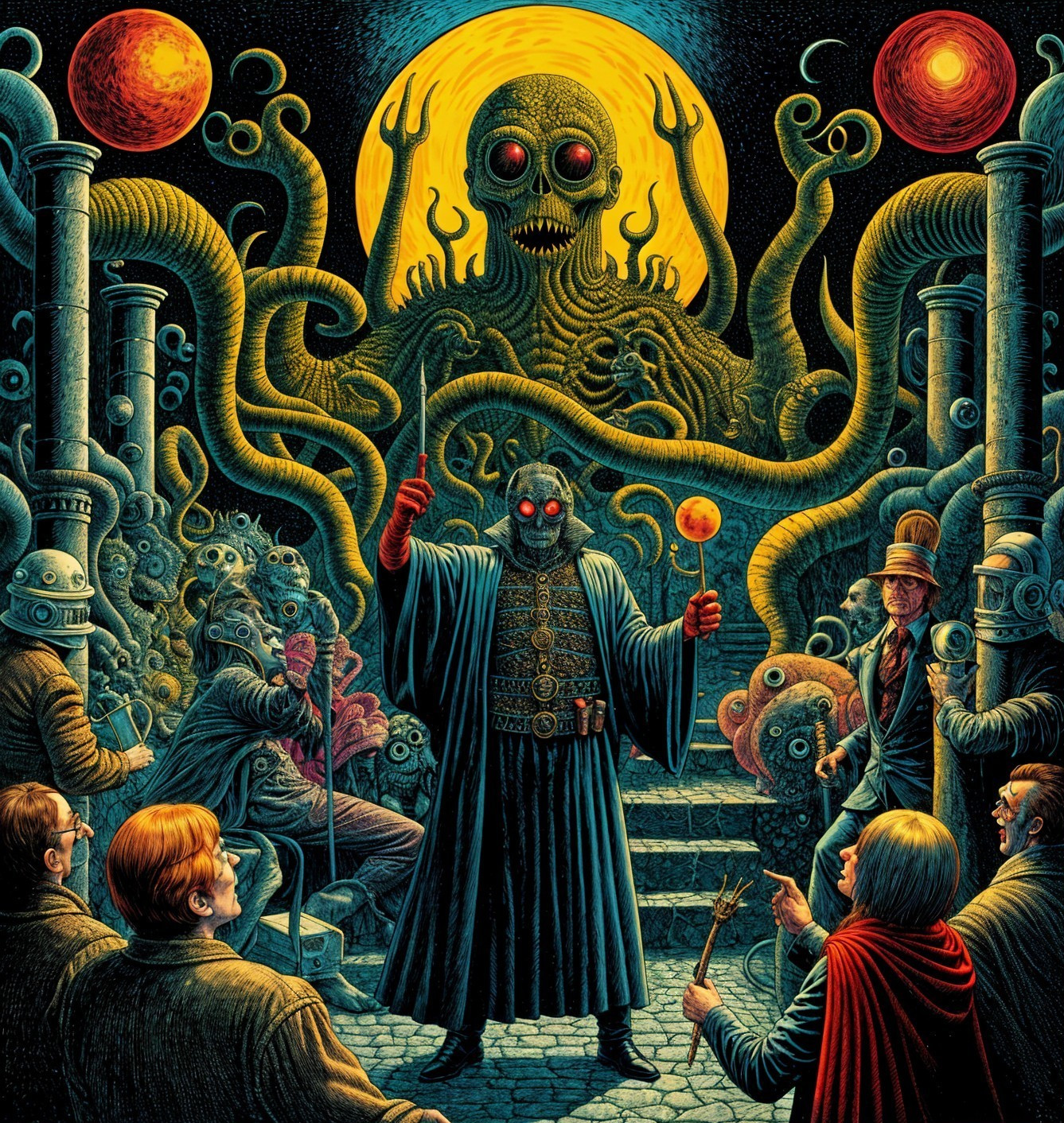 Cloaked Figure with Glowing Eyes in Dark Surreal Scene