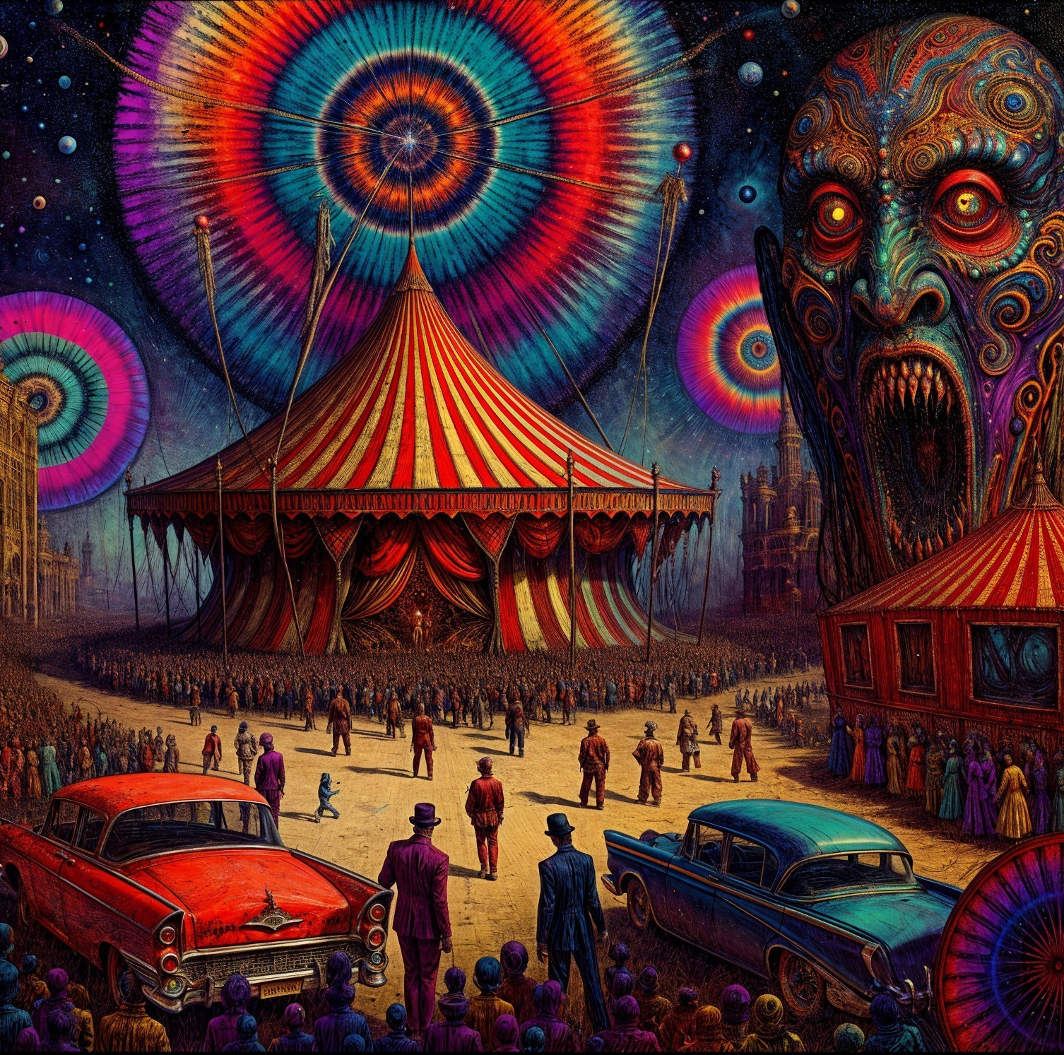 Circus Scene with Striped Tent and Vintage Cars