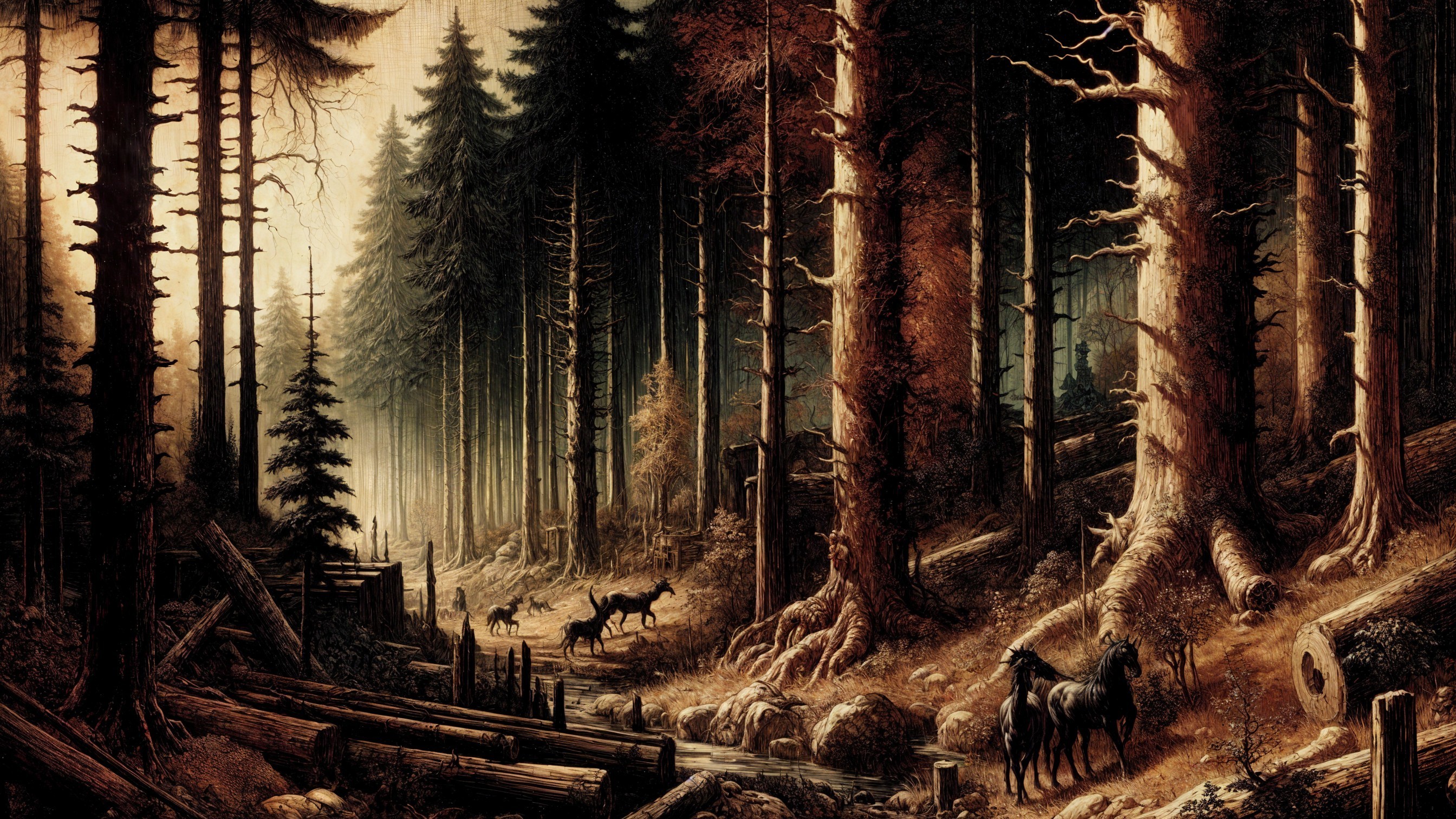Serene Forest Landscape with Horses and Sunlight