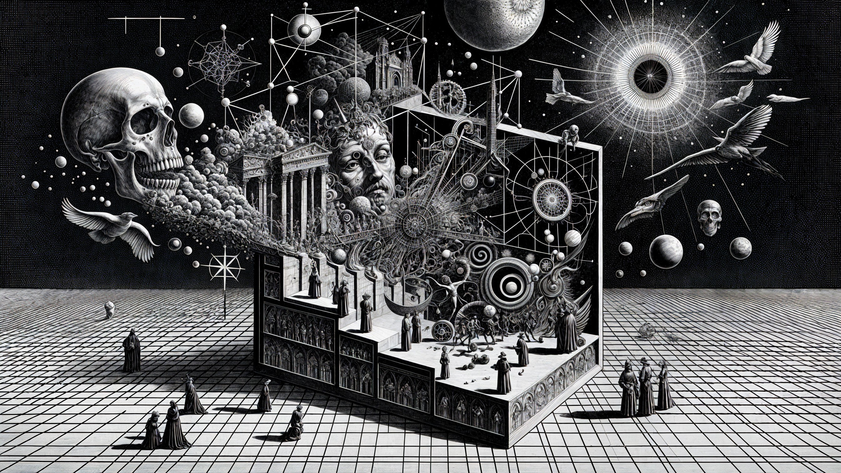 Surreal Black-and-White Artwork with Cosmic Elements