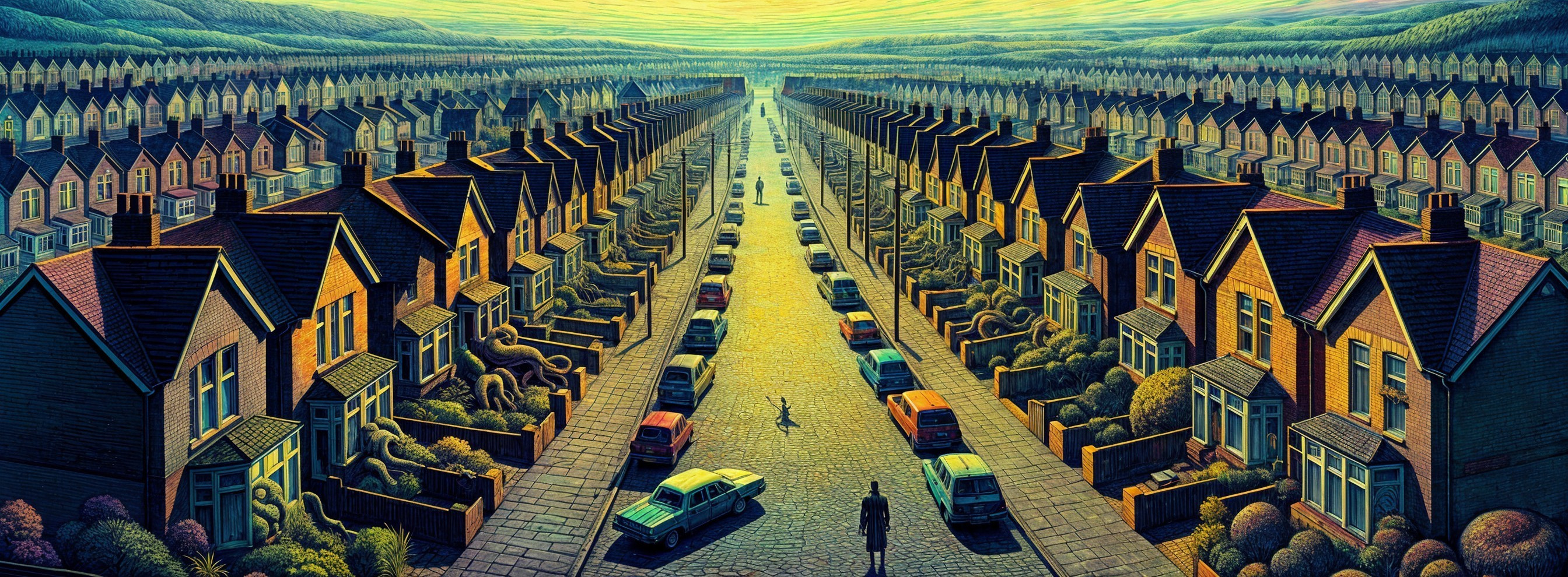Surreal Neighborhood Scene with Detailed Houses and Sky