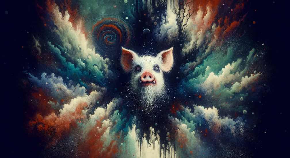 Whimsical Cosmic Scene with Pig's Head in Galaxy