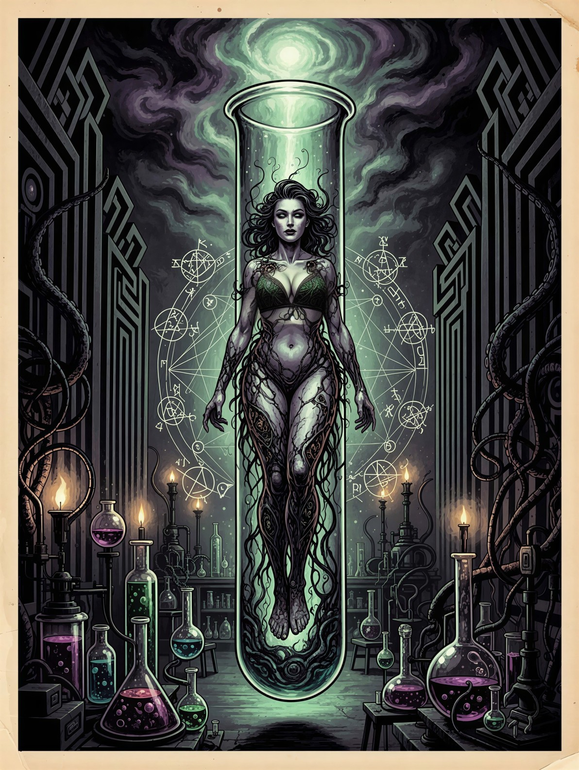 Woman in Test Tube with Tribal Patterns and Alchemy Symbols