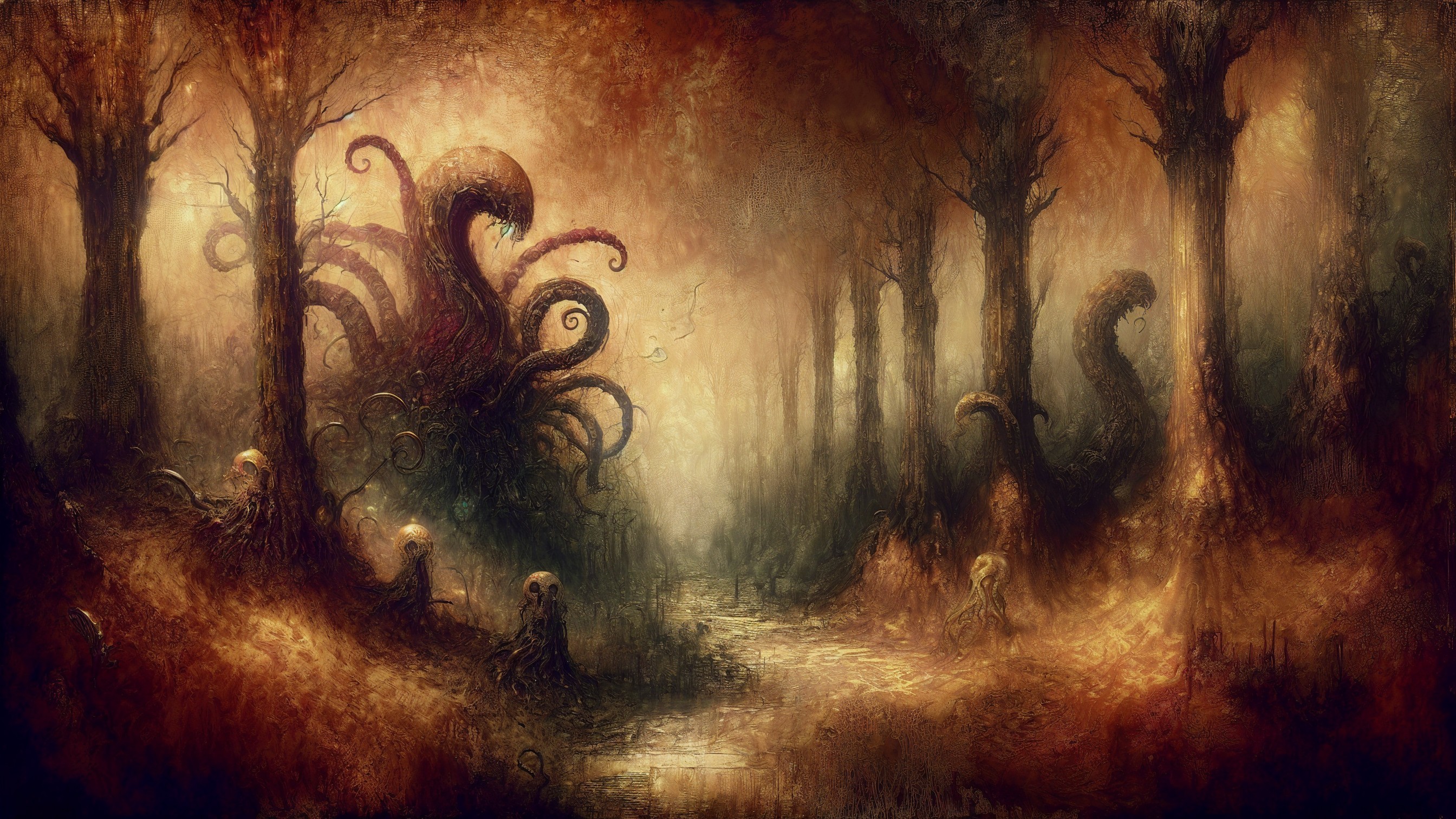 Surreal Forest Scene with Tentacled Creature and Mist