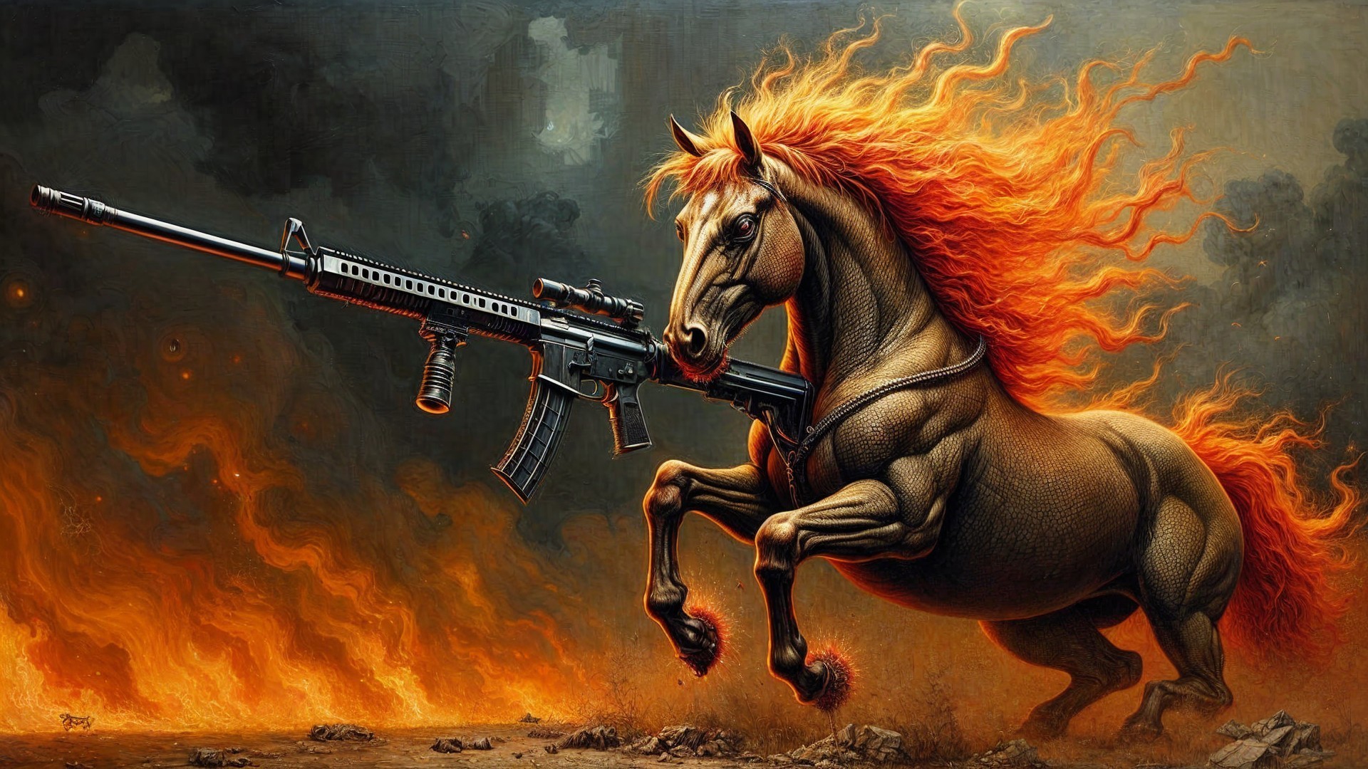 Majestic Horse with Flames and Assault Rifle Background