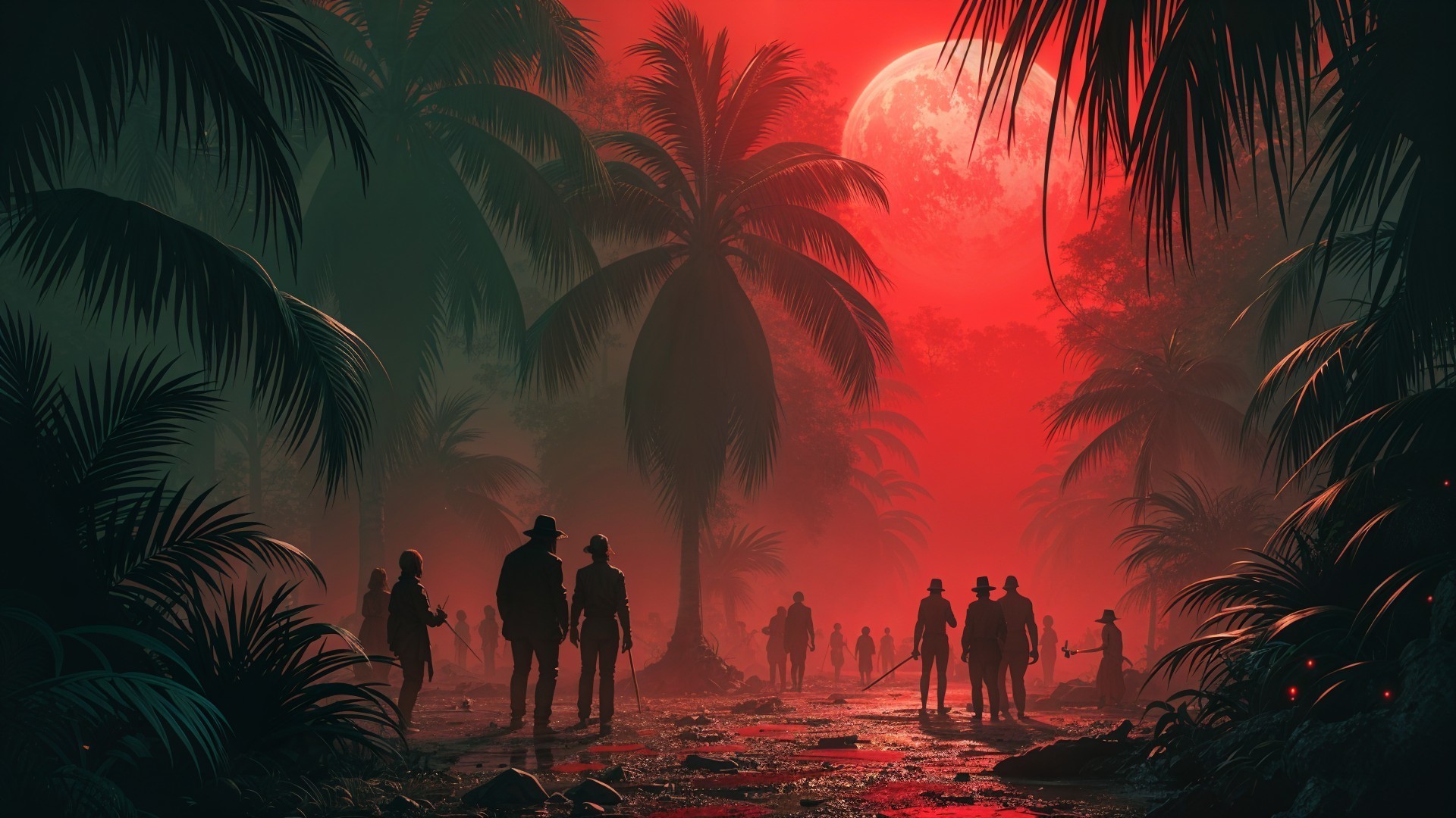 Tropical Landscape Under a Deep Red Moonlight