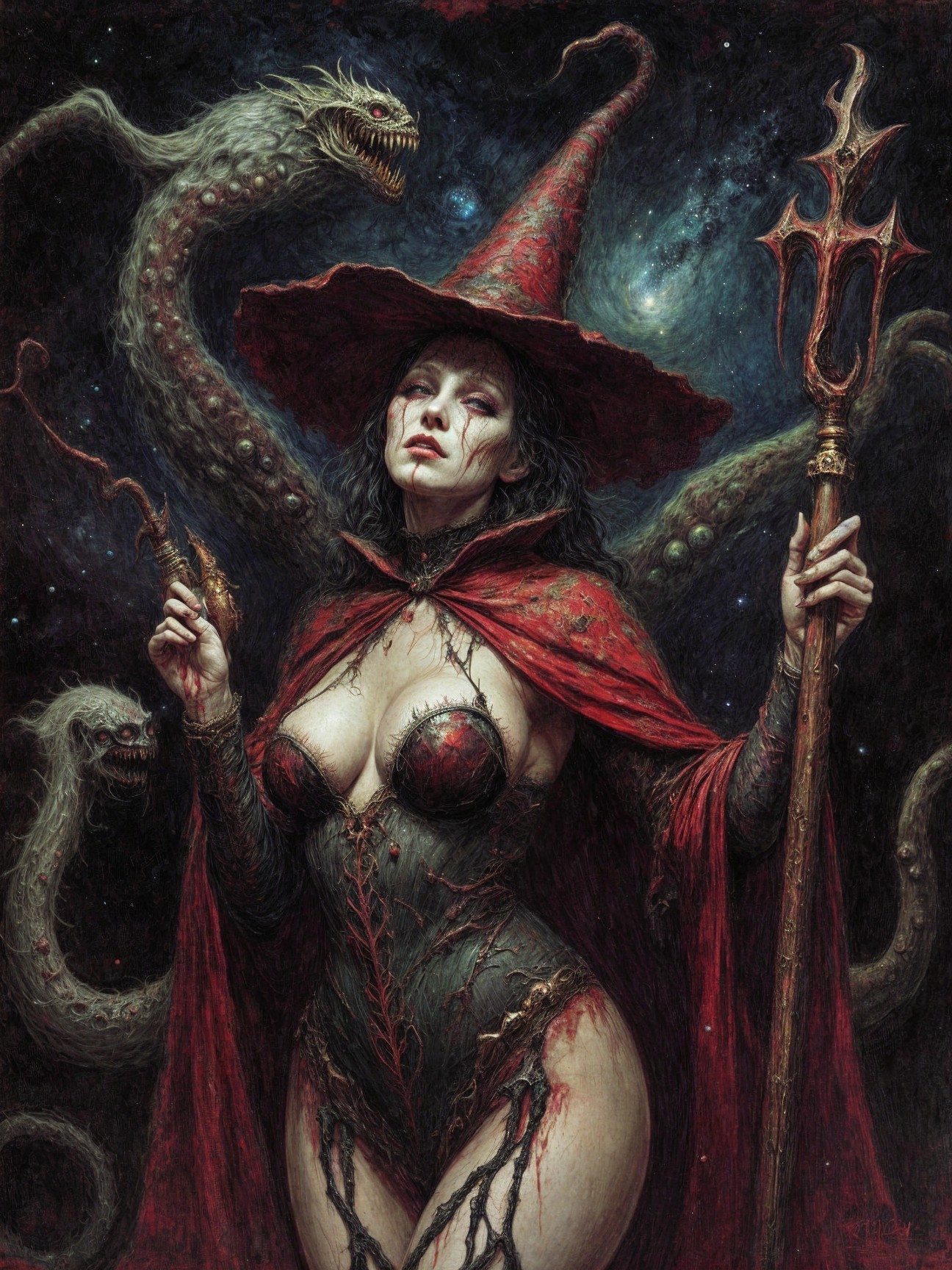 Dark Sorceress with Serpents in Cosmic Setting