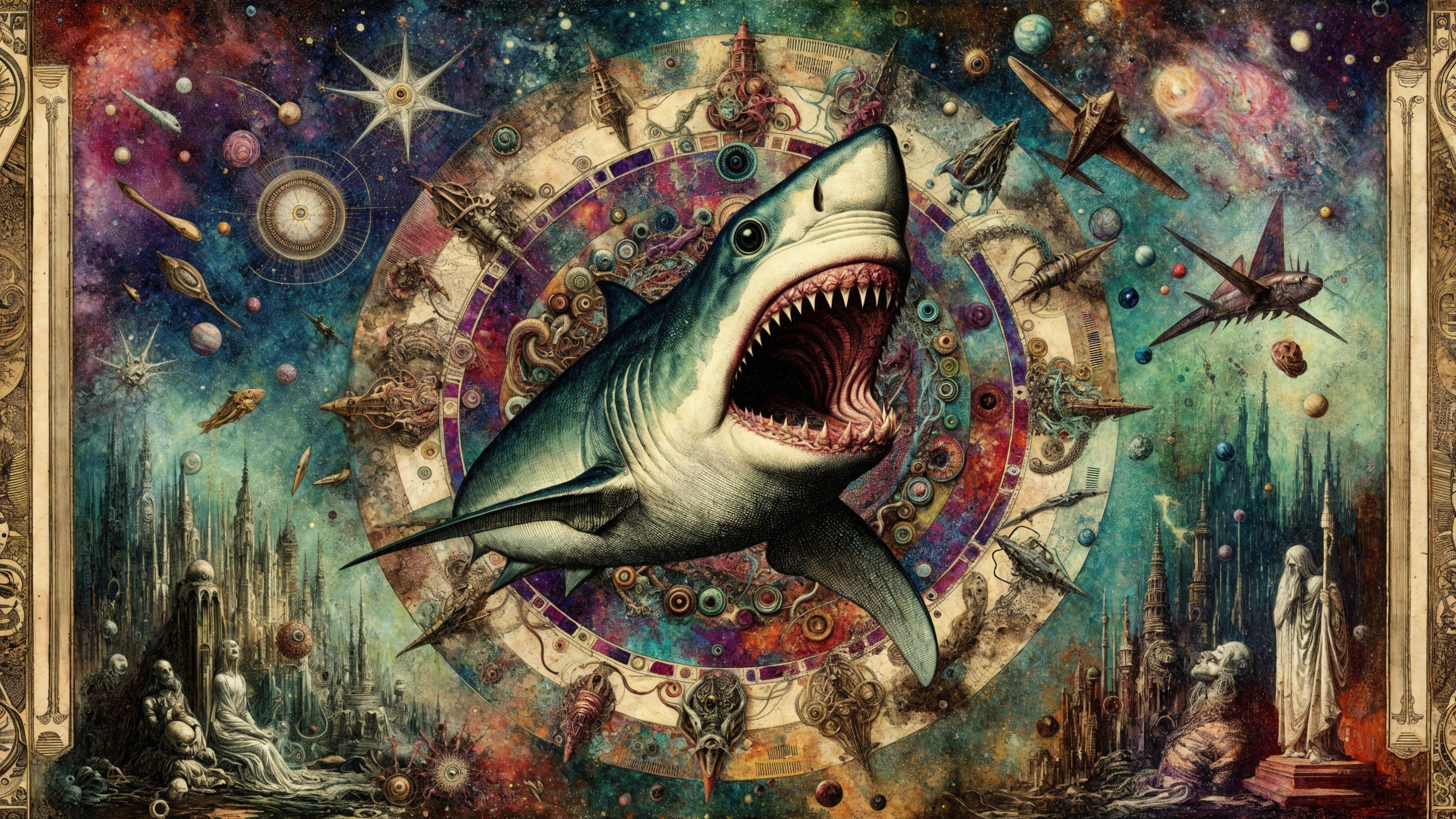 Surreal Cosmic Scene with Shark and Celestial Bodies