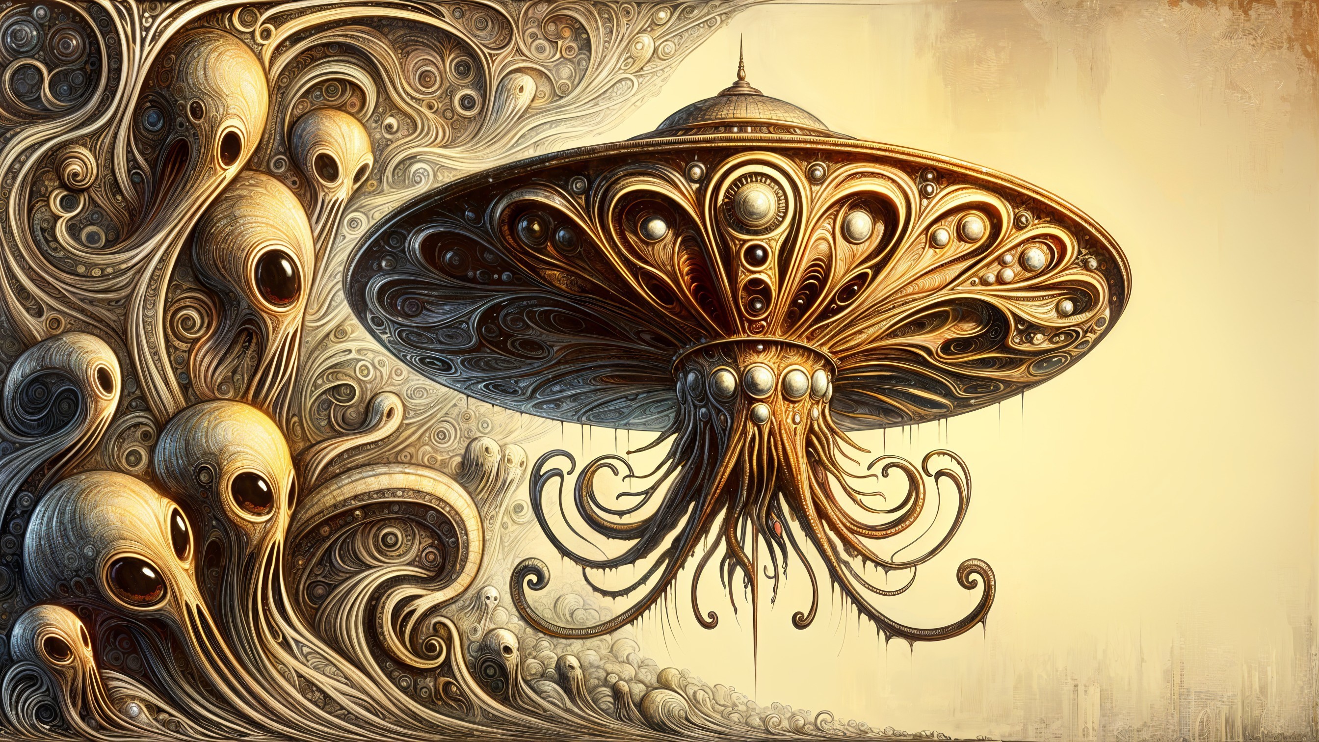 Surreal Alien Landscape with Ornate Mushroom Spaceship