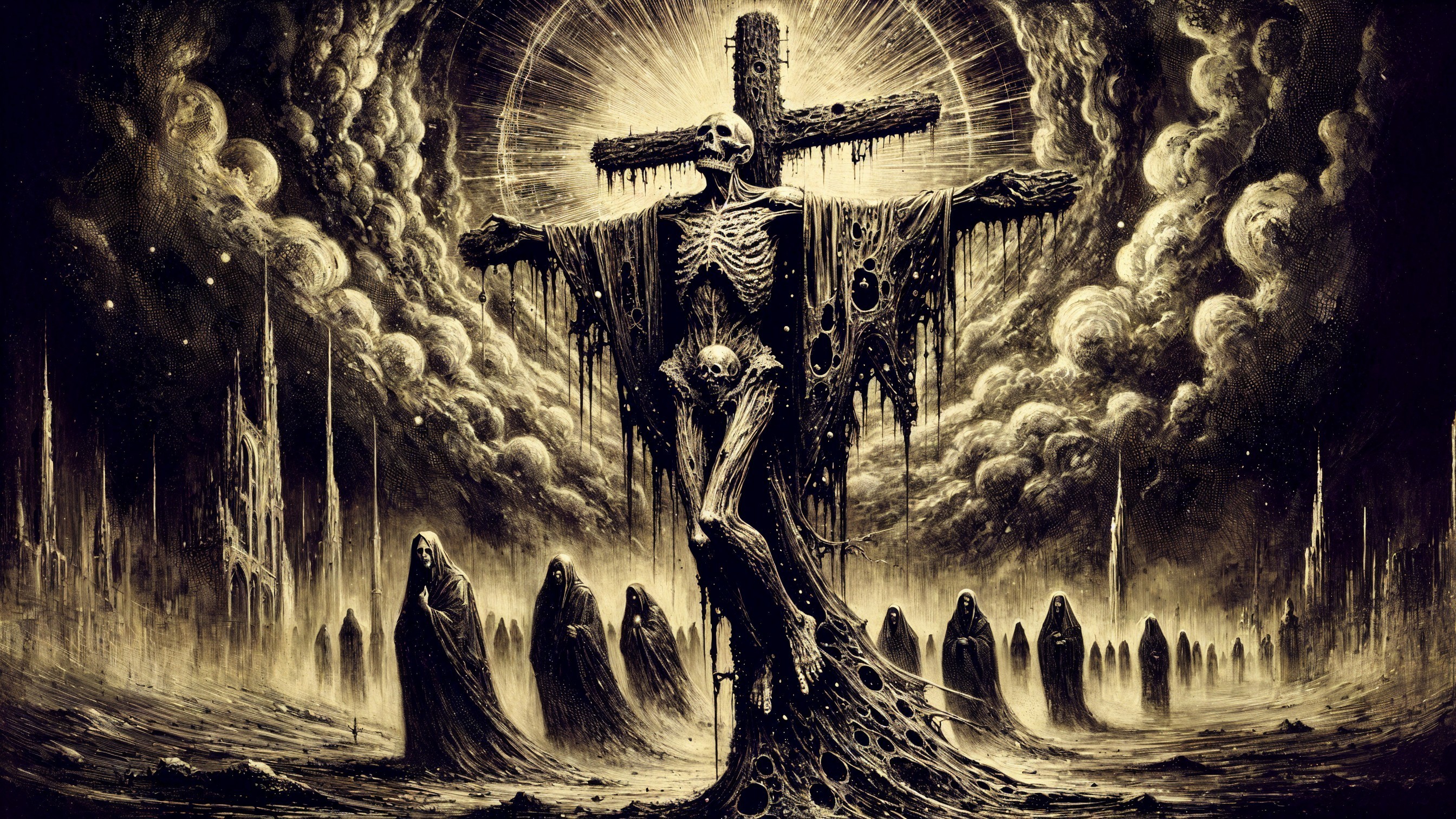 Skeletal Figure Crucified Amid Dark Clouds and Ghosts